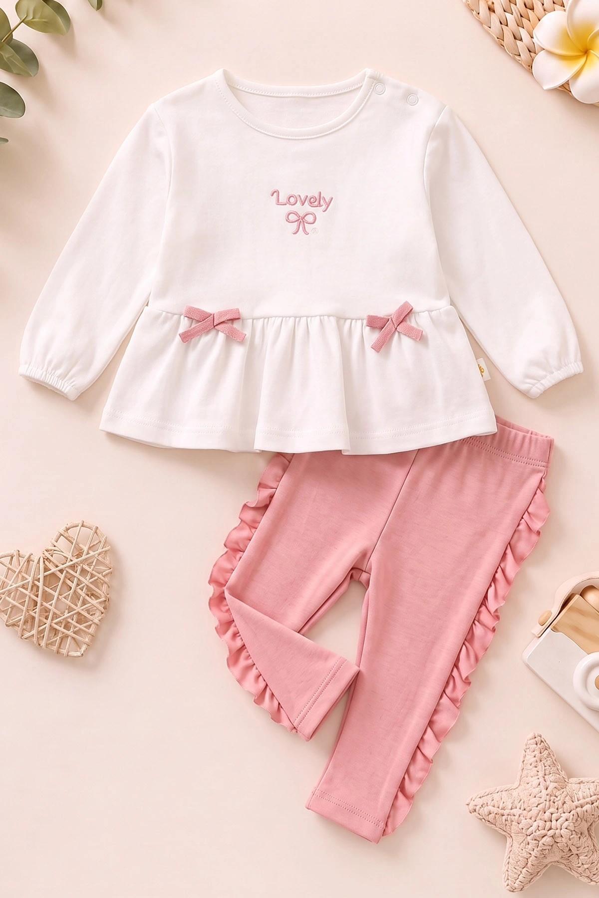 Pembe (0-12 Ay)Yeleği Fiyonk Detaylı Kız Bebek 3'lü Takım 473276