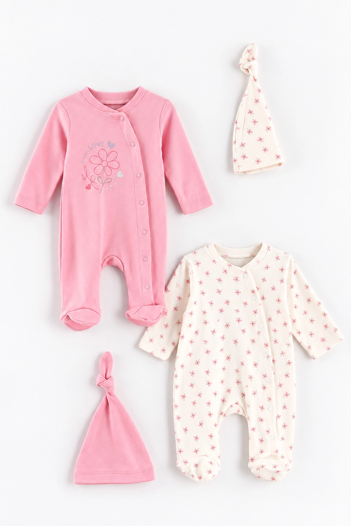 Pembe (0-3 Ay) Always Love Baskılı Penye ve Şapkalı 2'li Kız Bebek Tulum 492593