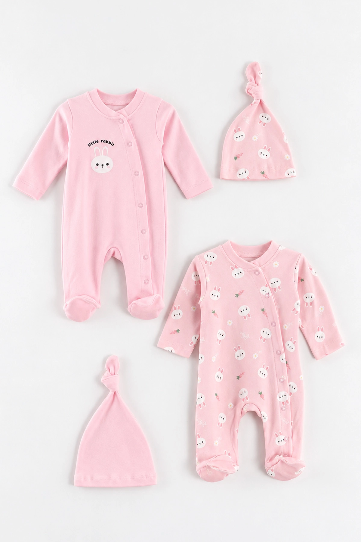 Pembe (0-3 Ay) Anımals Baskılı Raporlu ve Şapkalı 2'li Kız Bebek Tulum 492626