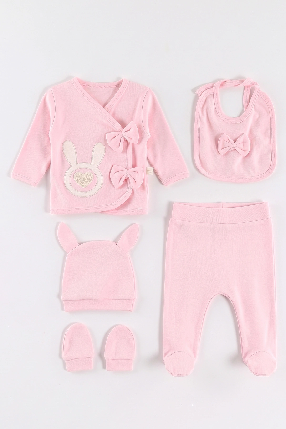 Pembe (0-3 Ay) Aplikeli Tavşan Nakışlı 5'li Kız Bebek Zıbın Takım 479255