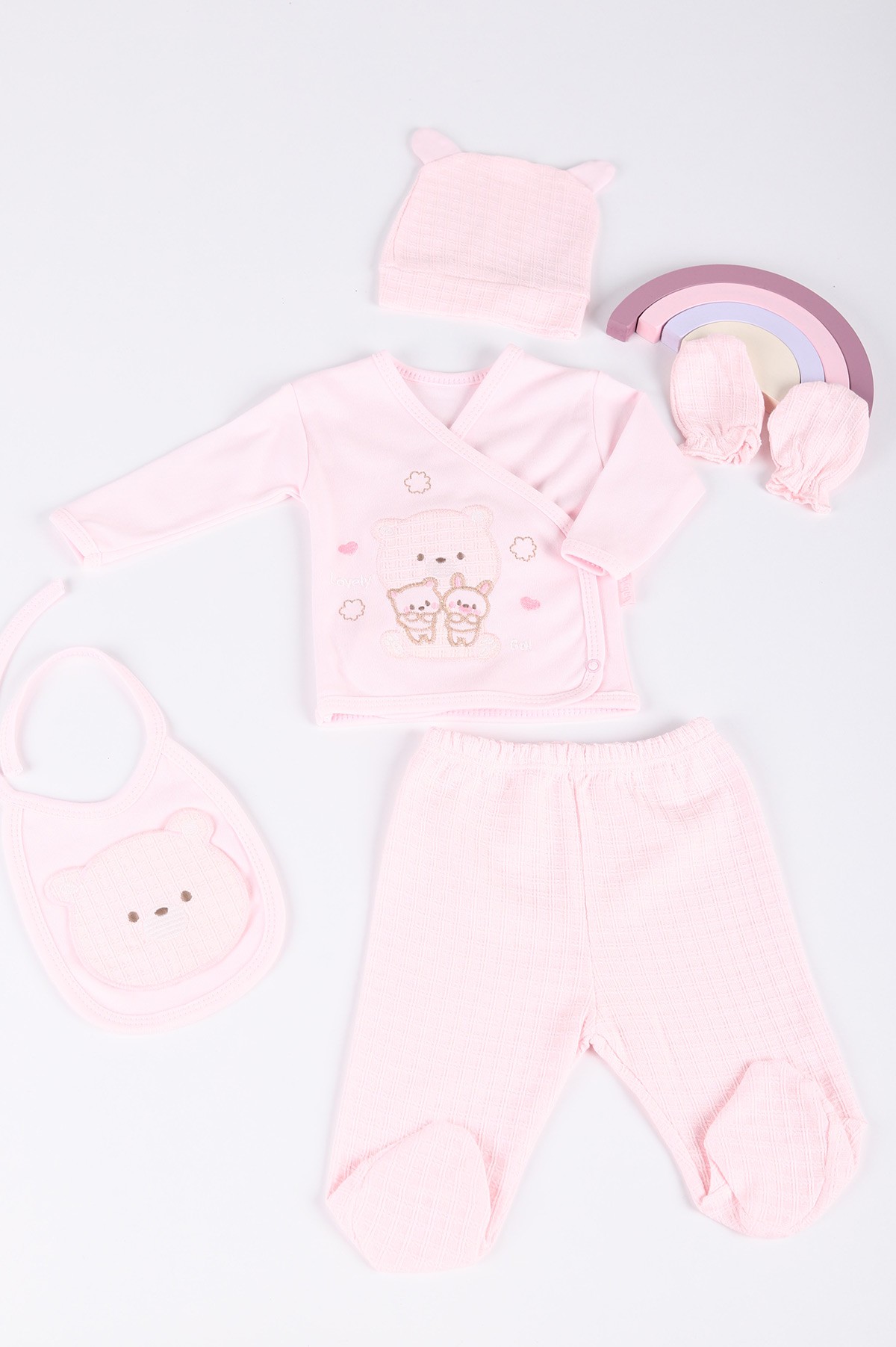 Pembe (0-3 Ay) Ayı Nakışlı 5'li Kız Bebe Takım 219715
