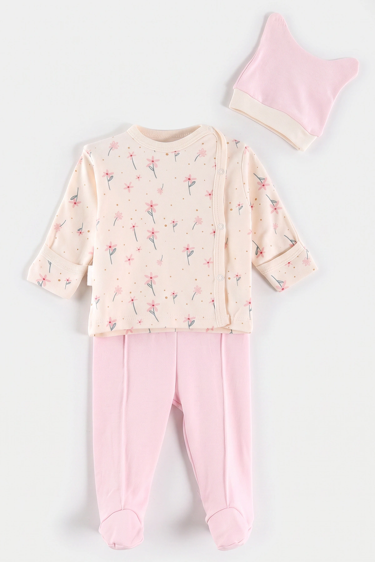 Pembe (0-3 Ay) Çiçek Baskılı Patikli ve Şapkalı Kız Bebek 3'lü Takım 477166
