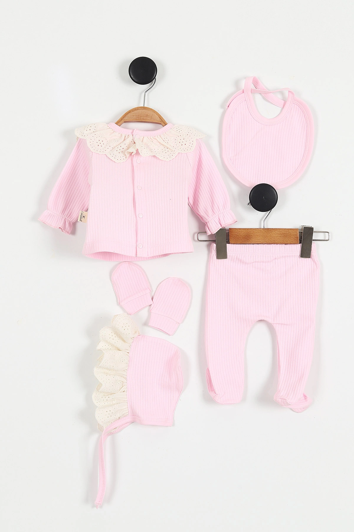 Pembe (0-3 Ay) Çiçek Buketi Nakışlı Brode Yaka Yenidoğan 5'li Kız Bebek Zıbın Seti 425670