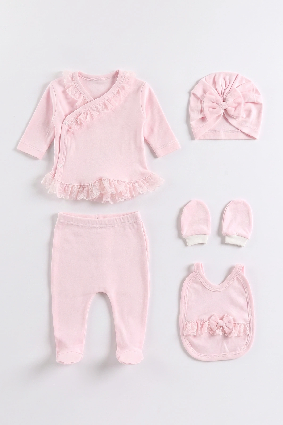 Pembe (0-3 Ay) Fistolu Dantelli Yeni Doğan 5'li Kız Bebek Zıbın Seti 475376