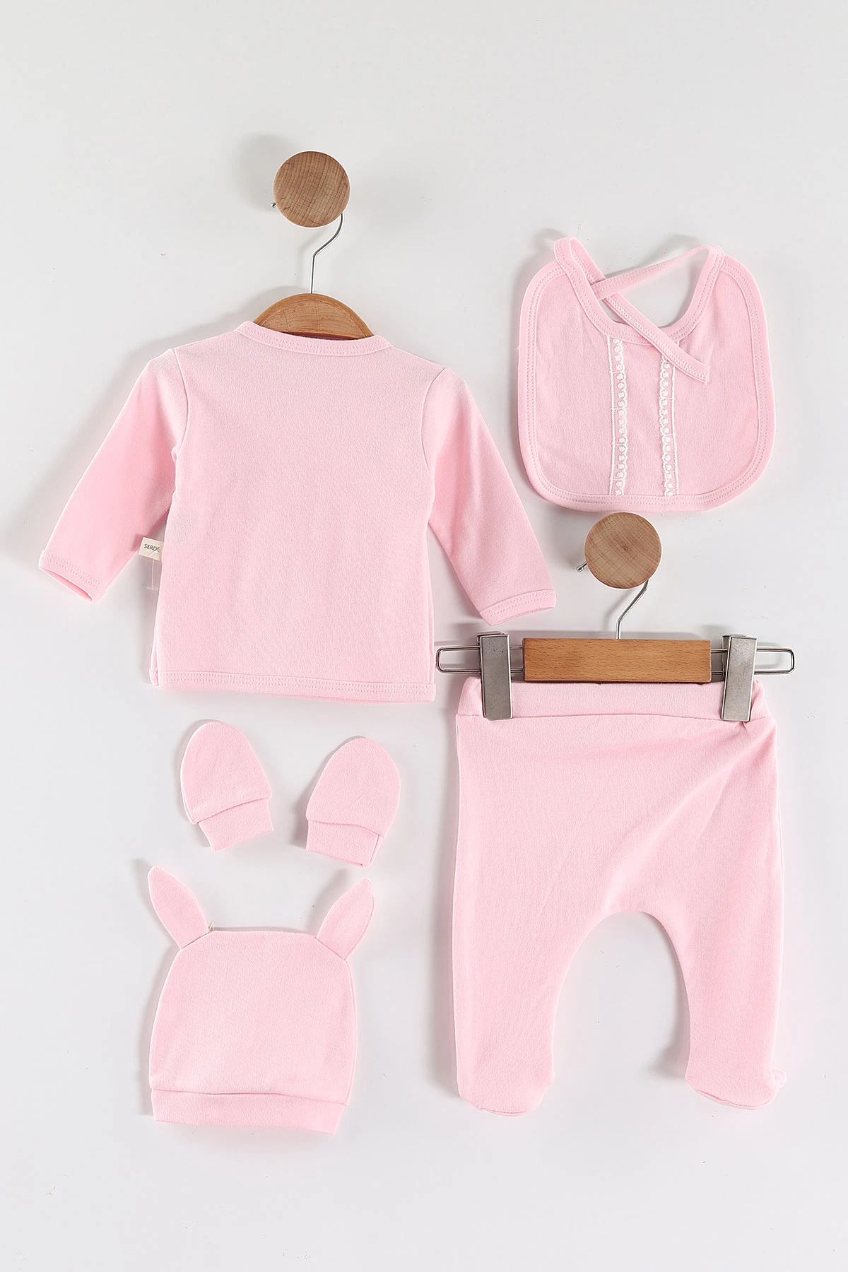 Pembe (0-3 Ay) Fiyonklu Tavşan Nakışlı  Patikli 5'li Kız Bebek Takım 462974