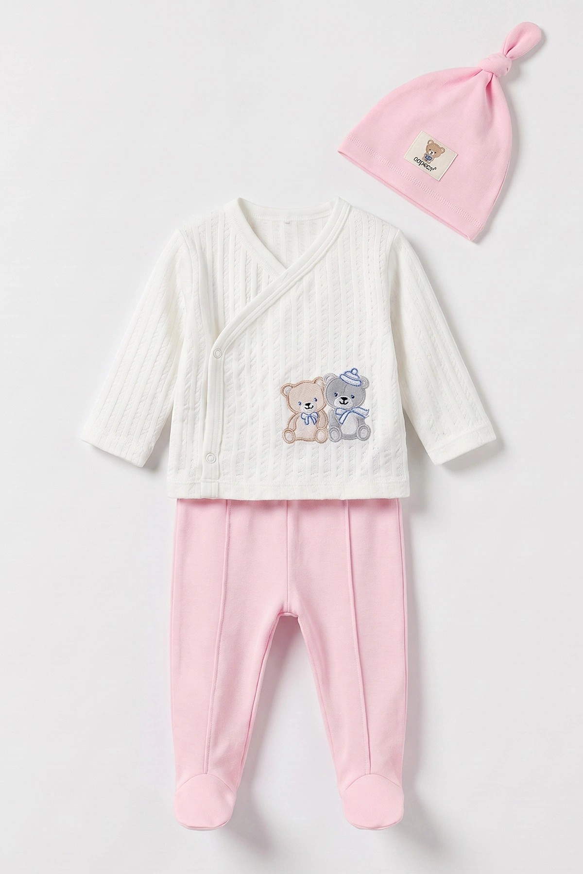 Pembe (0-3 Ay) İkiz Ayıcık Nakışlı Şapkalı   Bebek Takım 501845