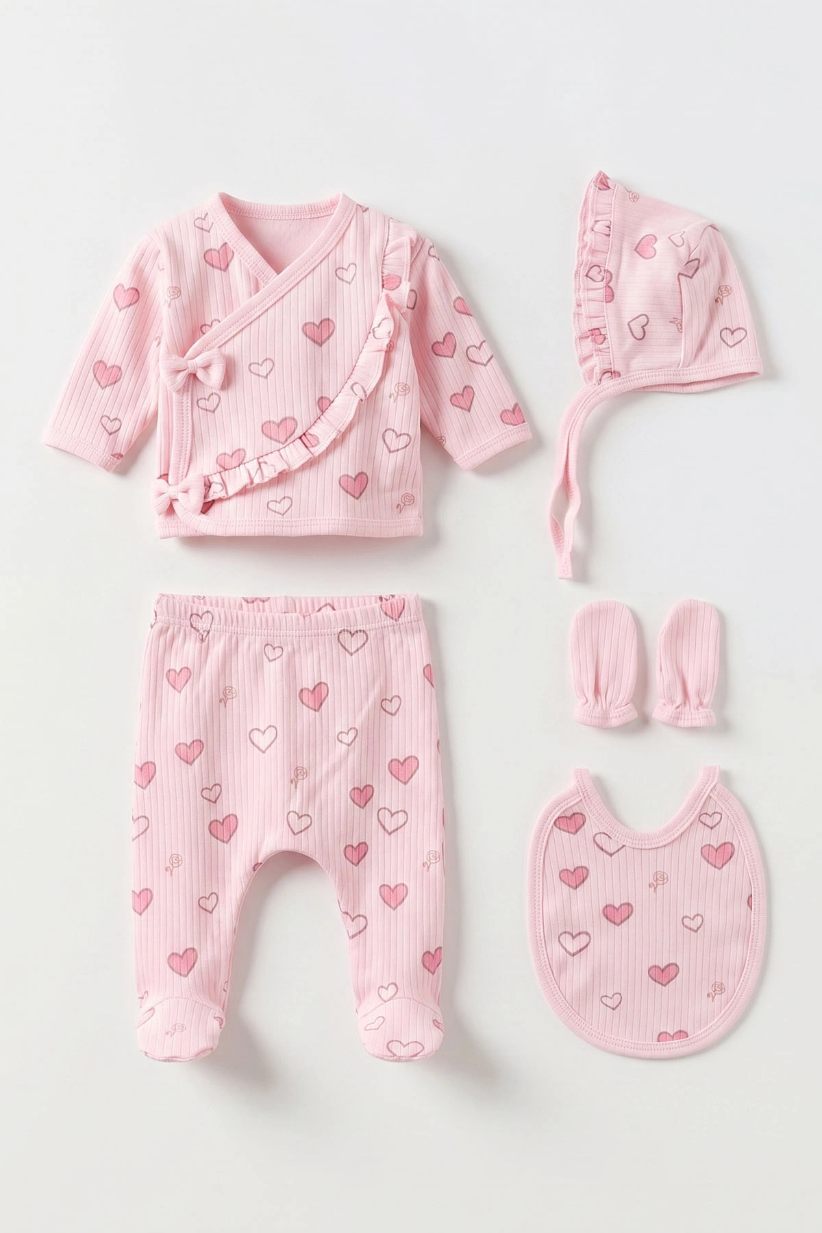 Pembe (0-3 Ay) Kalp Baskılı Fırfır Detay Kutulu Yeni Doğan Kız Bebek 5'li Zıbın Set 475393