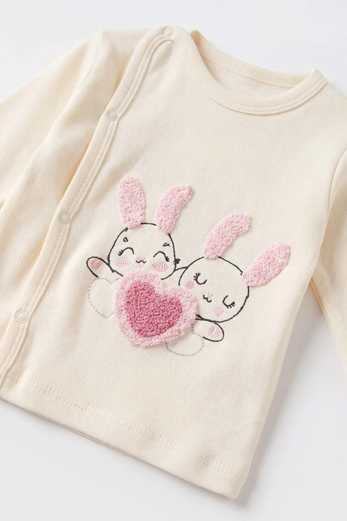 Pembe (0-3 Ay) Kalpli Tavşan Nakışlı 3'lü Kız Bebek Zıbın Seti 477156