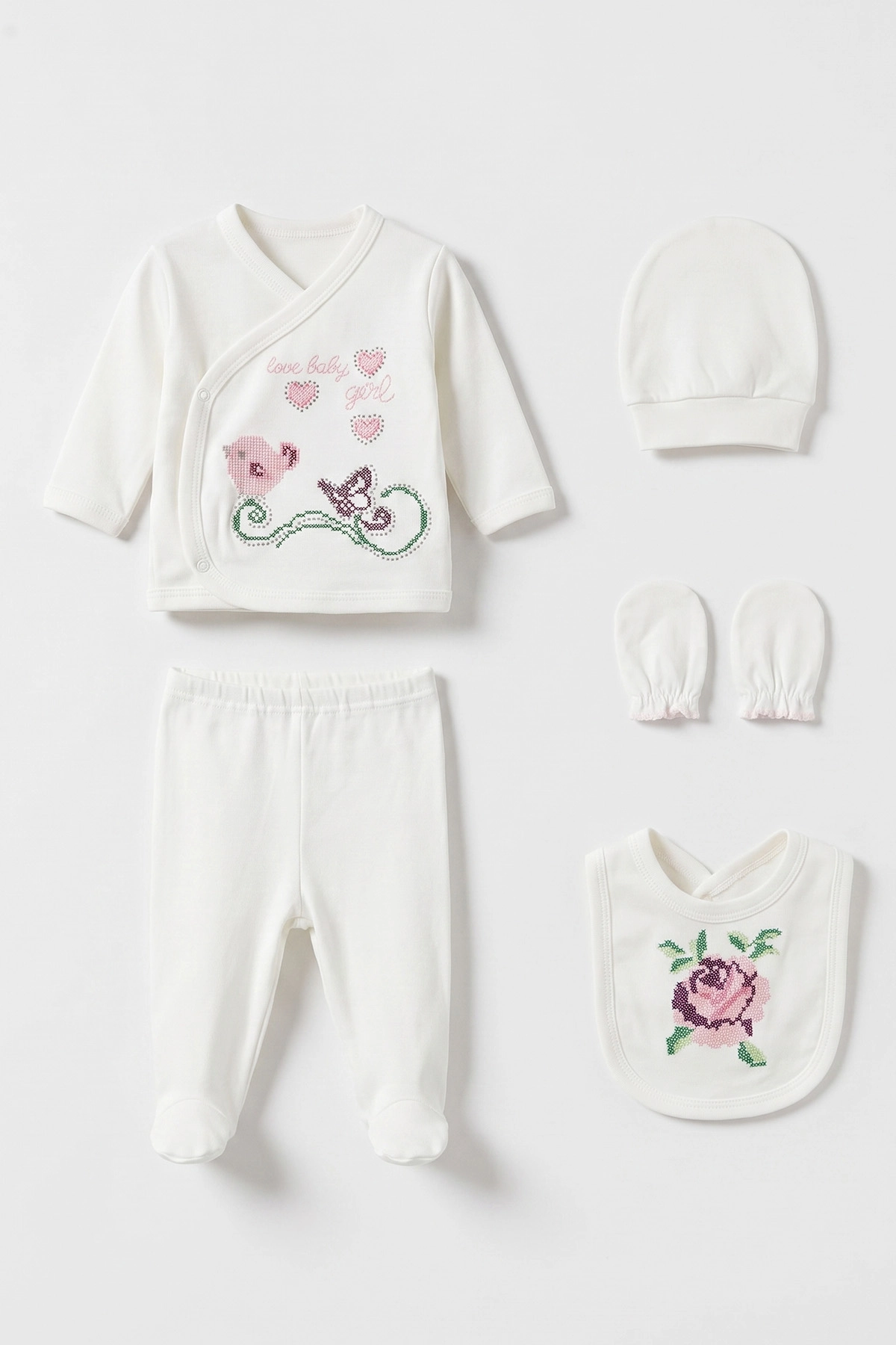 Pembe (0-3 Ay) Kanaviçe Gül İşlemeli  Yeni Doğan 5'li Kız Bebek Zıbın Seti 475370