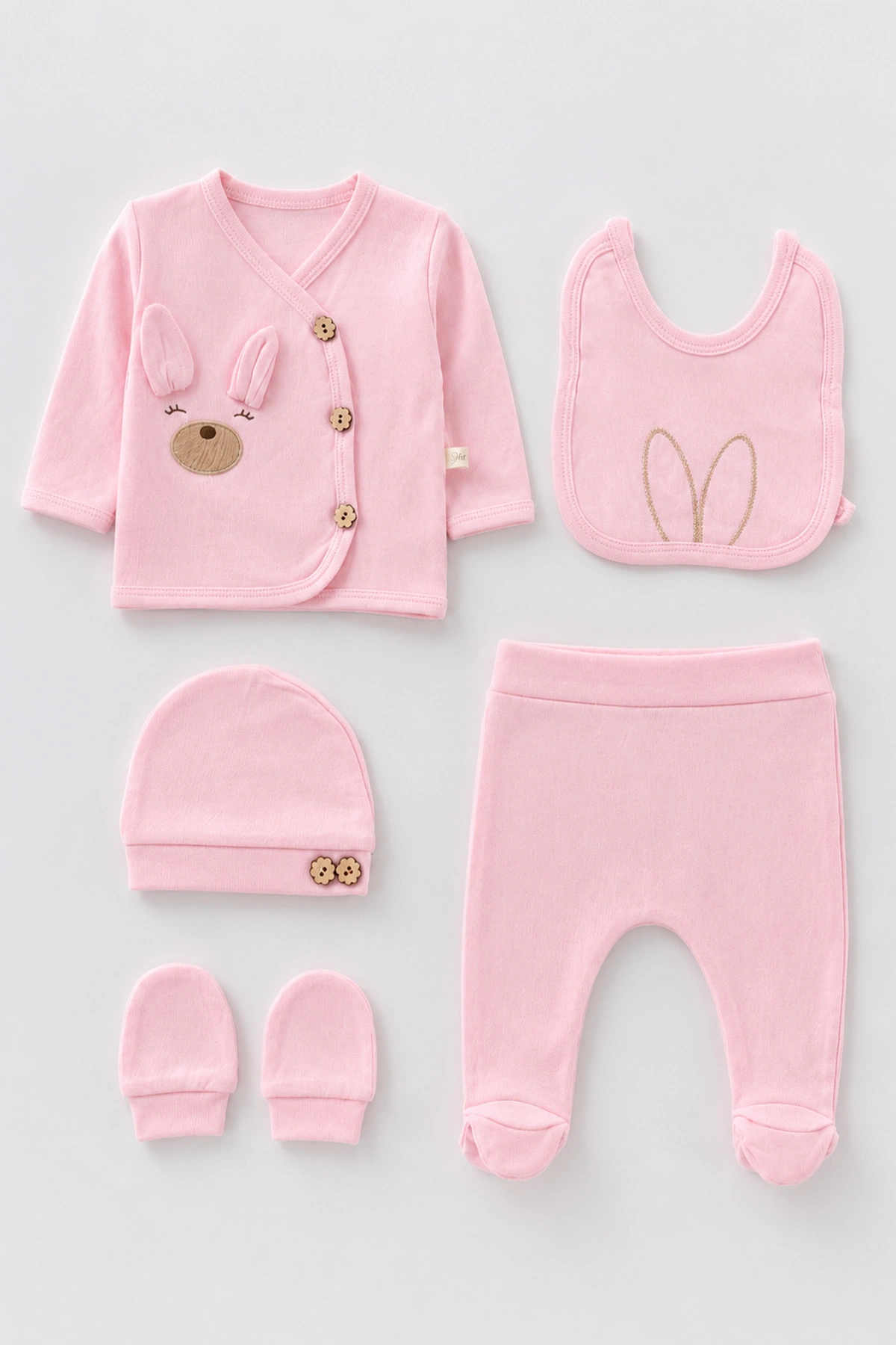 Pembe (0-3 Ay) Kulaklı Tavşan Nakışlı 5'li Kız Bebek Zıbın Takım 479246