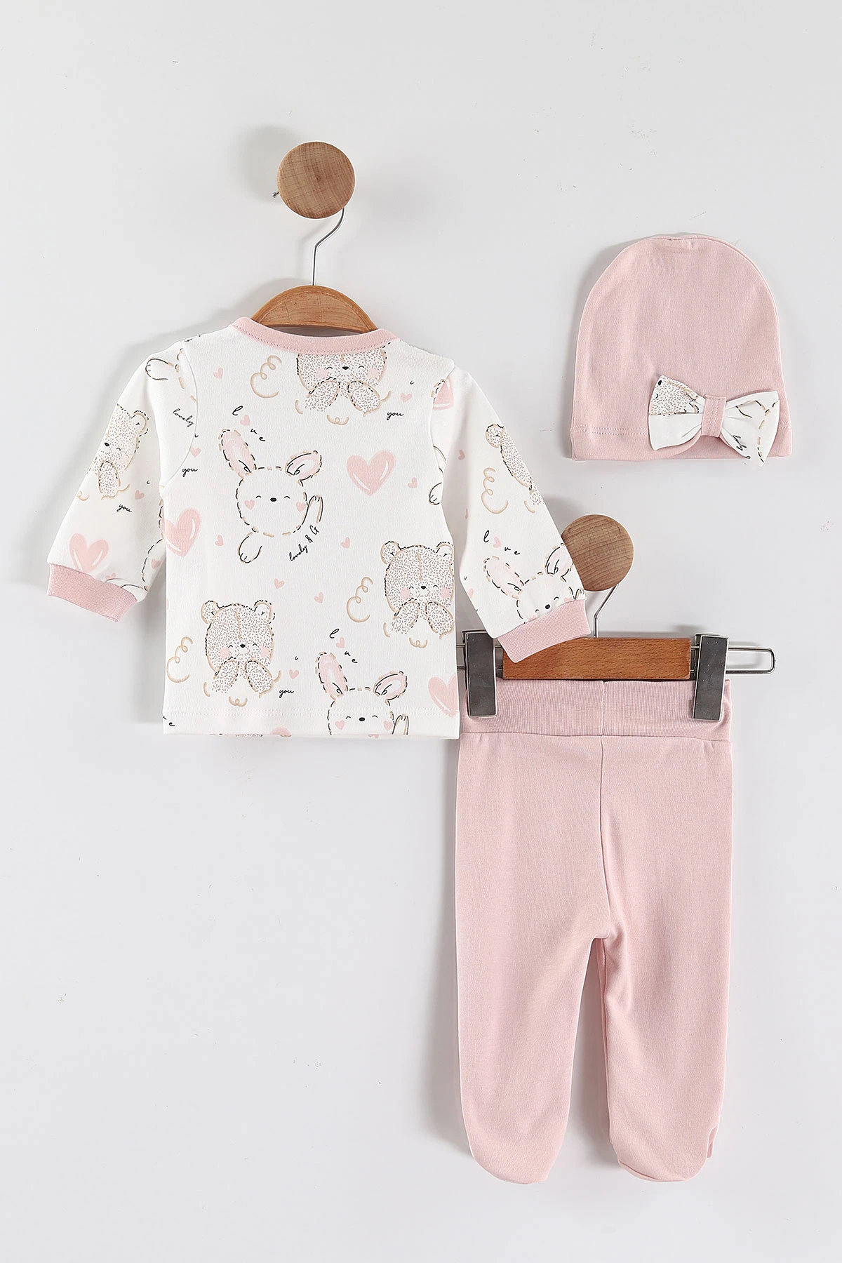 Pembe (0-3 Ay) Kurdeleli Tavşan  Baskılı   Patikli Kız Bebek 3'lü Zıbın Takım 453766