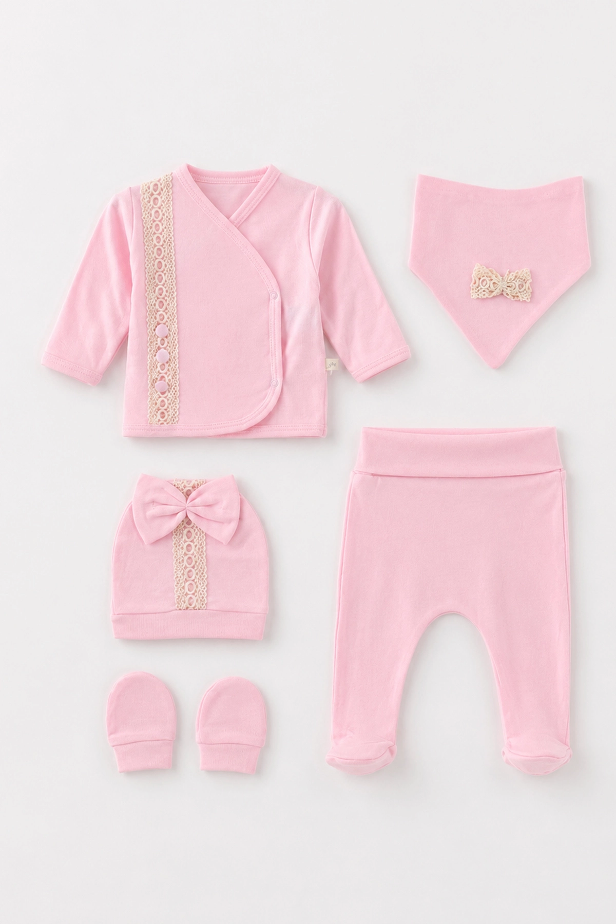 Pembe (0-3 Ay) Önü Fistolu 5'li Kız Bebek Zıbın Takım 479249