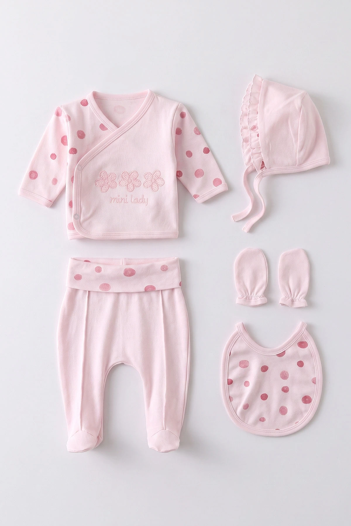 Pembe (0-3 Ay) Papatya Nakışlı Kutulu Yeni Doğan Kız Bebek 5'li Zıbın Set 475396