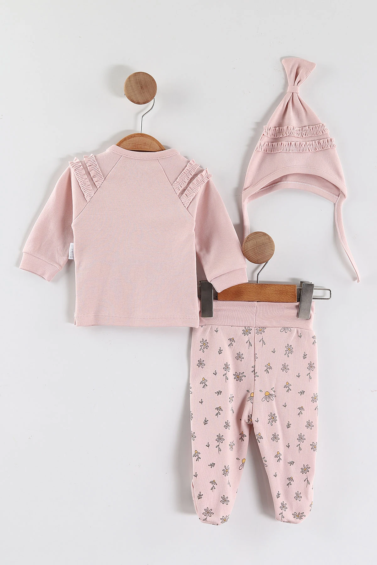 Pembe (0-3 Ay) Papatyalı Ayıcık Baskılı   Patikli Kız Bebek 3'lü Zıbın Takım 453759
