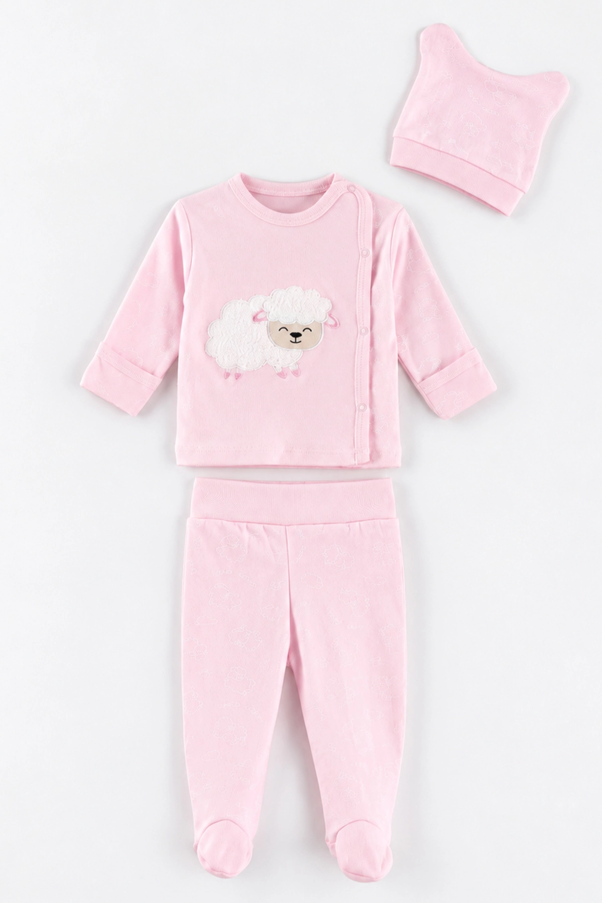 Pembe (0-3 Ay) Peluş Kuzu Nakışlı Patikli Yeni Doğan Bebek 3'lü Zıbın Takım 477184