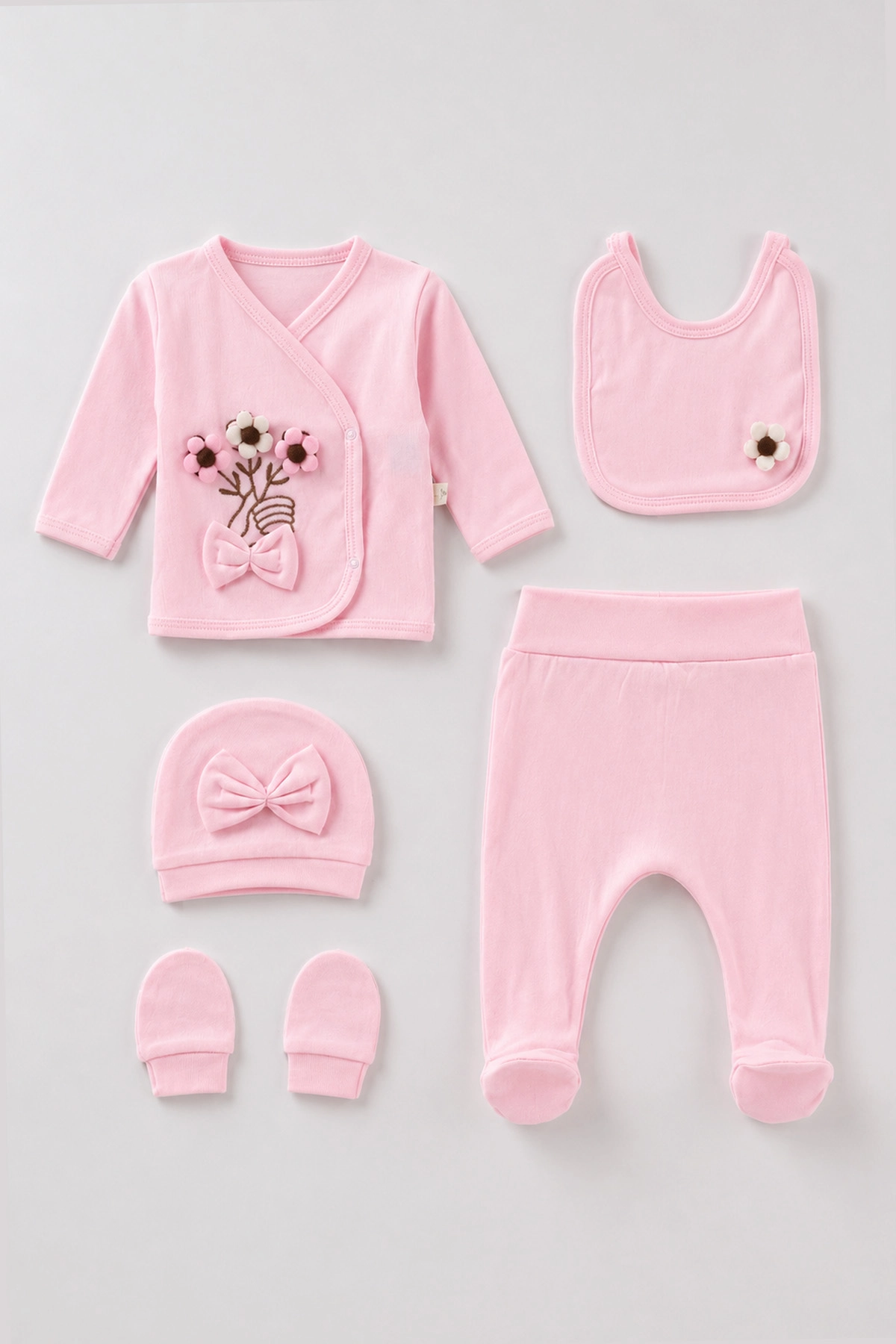 Pembe (0-3 Ay) Ponpon Çiçekli 5'li Kız Bebek Zıbın Takım 479261