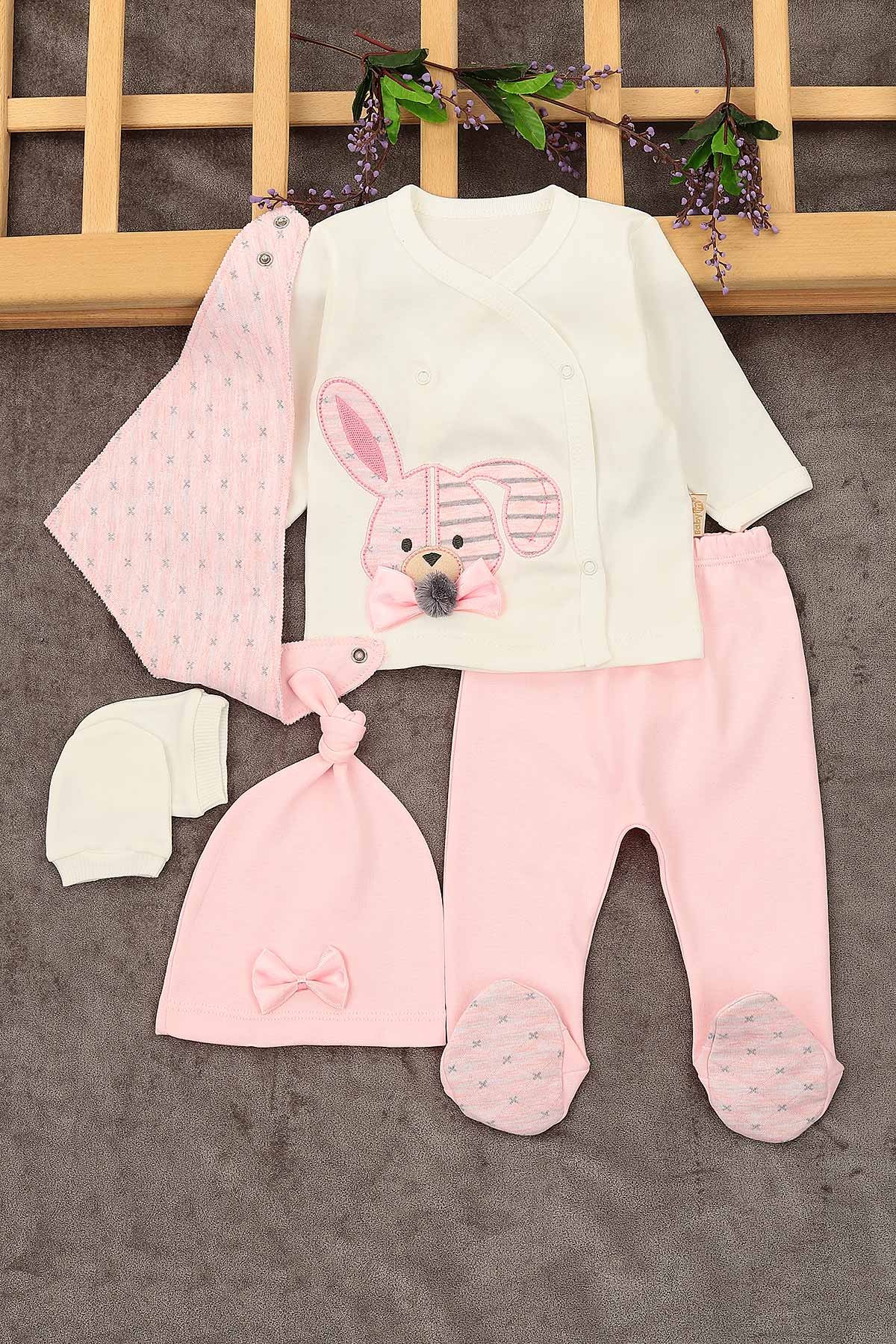 Pembe (0-3 Ay) Ponpon Papyonlu Tavşan Nakışlı Kız Çocuk Takım 152113