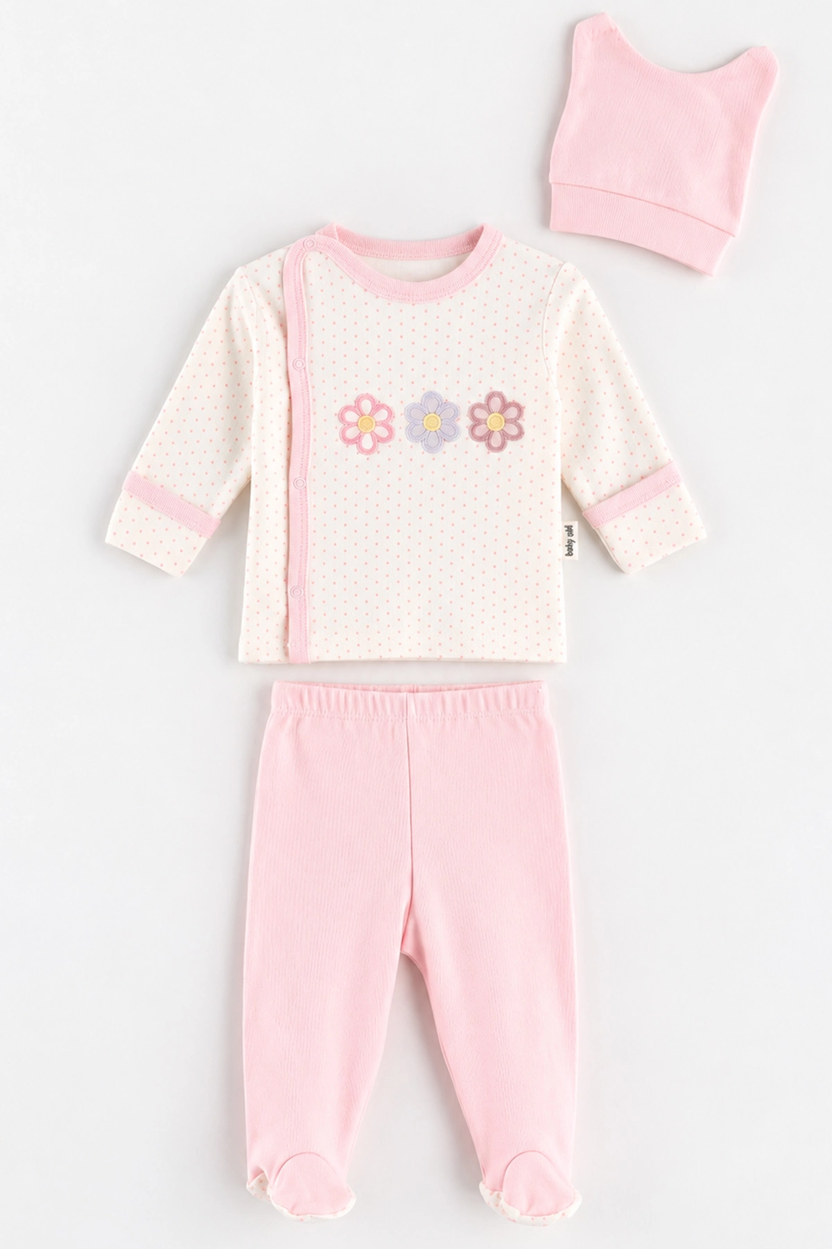 Pembe (0-3 Ay) Puantiyeli Papatya Nakışlı Patikli 3'lü Kız Bebek Takım 477173