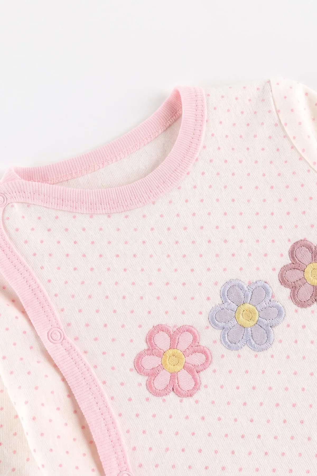 Pembe (0-3 Ay) Puantiyeli Papatya Nakışlı Patikli 3'lü Kız Bebek Takım 477173