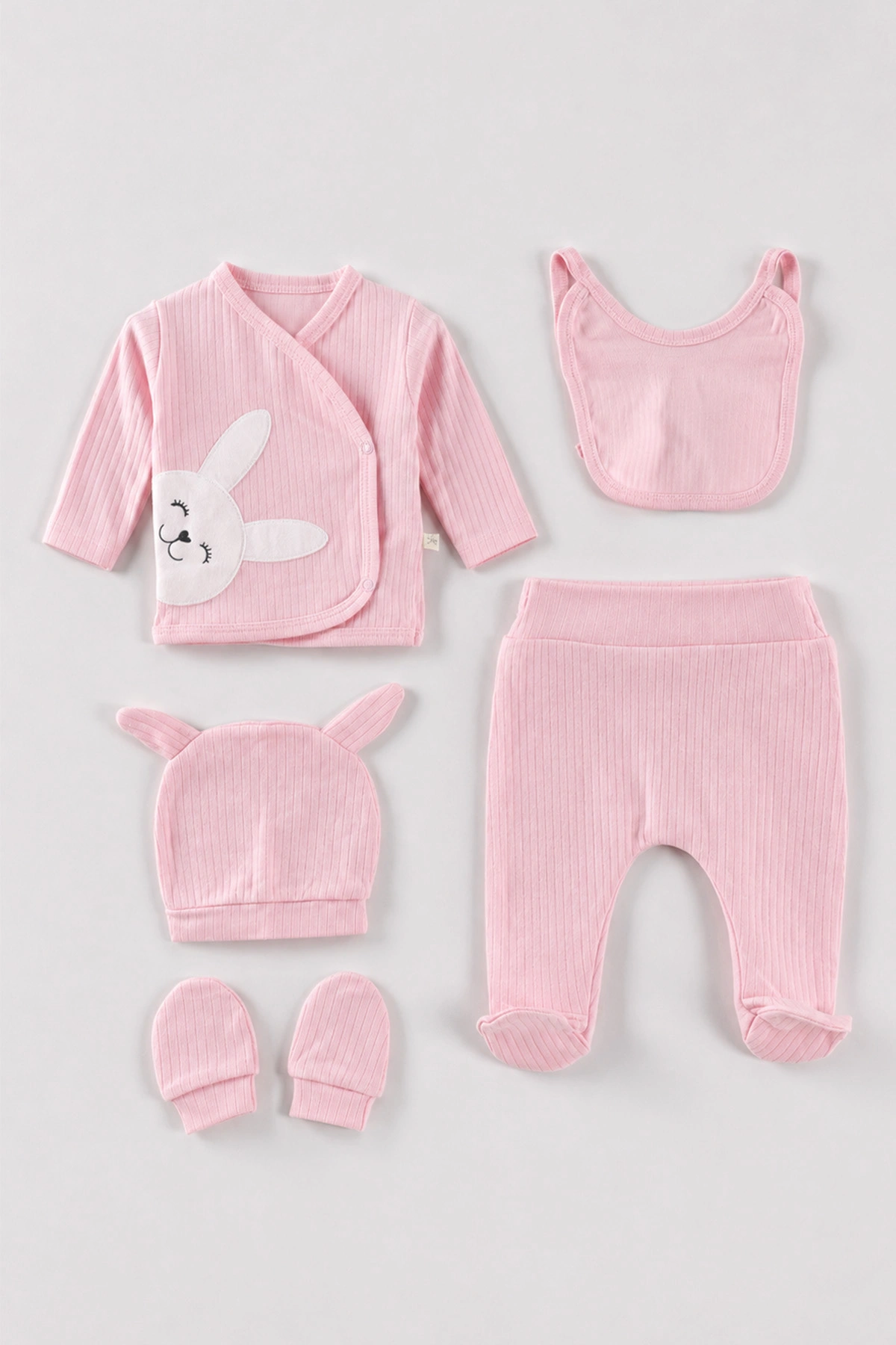 Pembe (0-3 Ay) Raporlu Tavşan Nakışlı 5'li Kız Bebek Zıbın Takım 479241