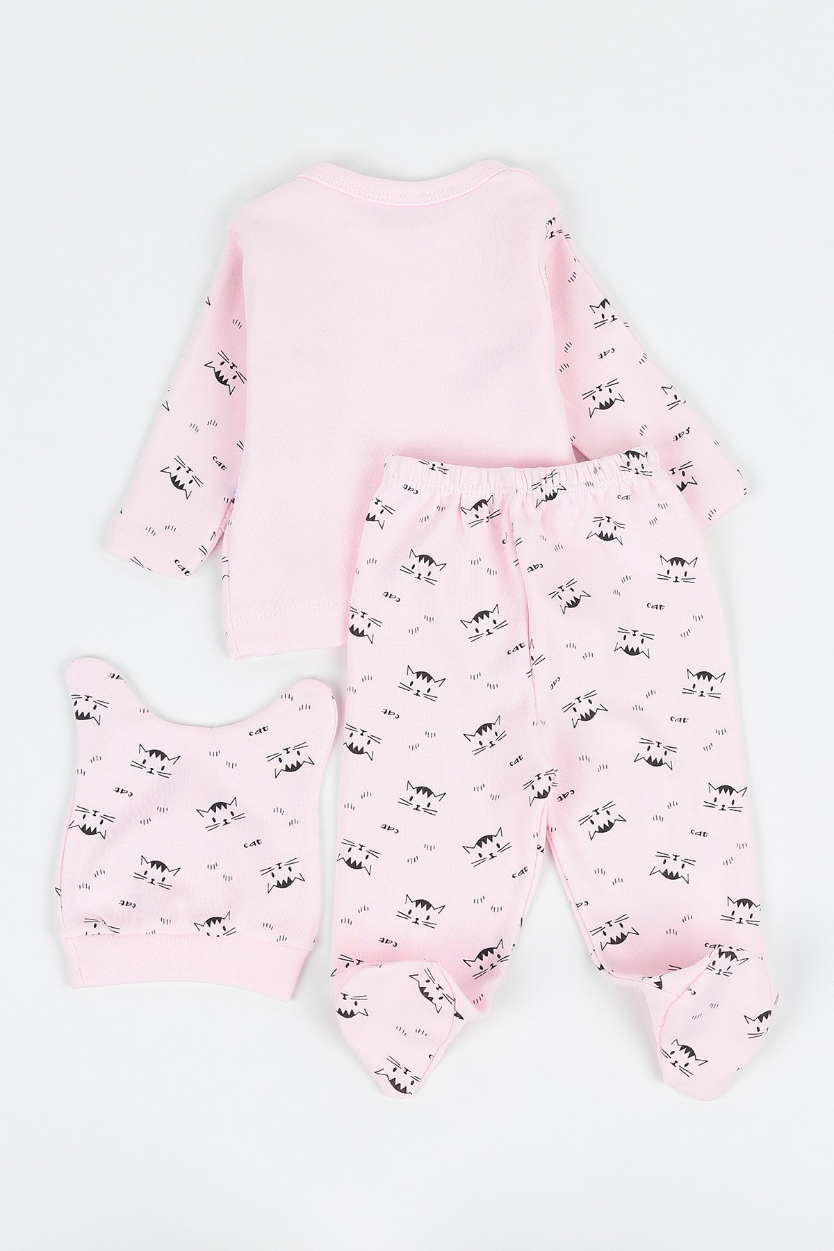 Pembe (0-3 Ay) Şaşkın Kedi Baskılı Erkek Çocuk Zıbın Takım 142075