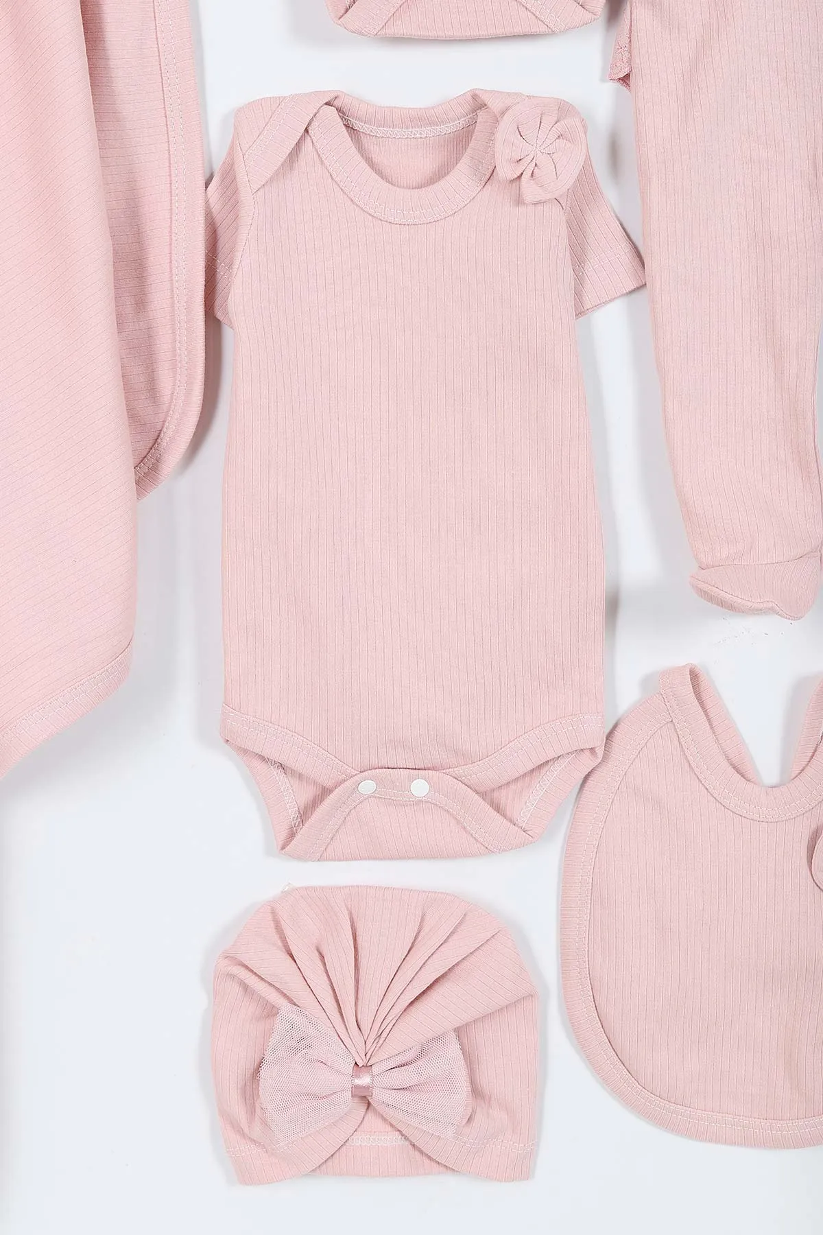 Pembe (0-3 Ay) Süslü Fiyonklu Ayı Nakışlı  Yenidoğan Kız Bebek 10'lu Zıbın ve Hastane Çıkış Setleri 428211