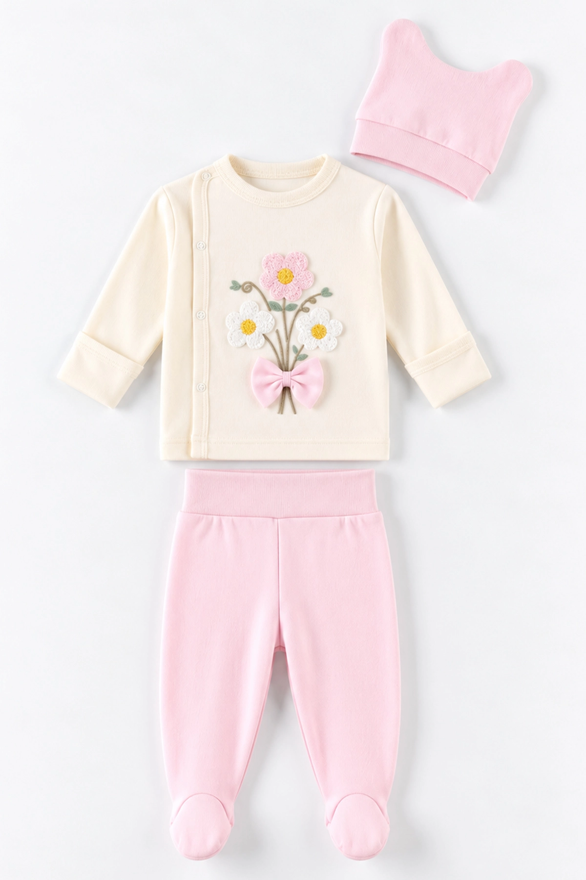 Pembe (0-3 Ay) Süzene Çiçek Nakışlı Patikli 3'lü Kız Bebek Takım 477169