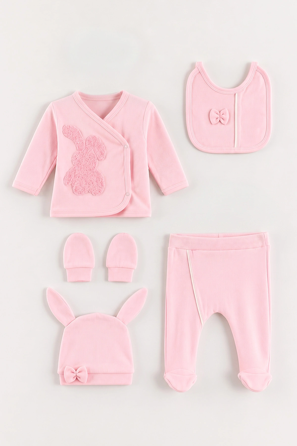 Pembe (0-3 Ay) Süzene Tavşan Nakışlı 5'li Kız Bebek Zıbın Takım 479264