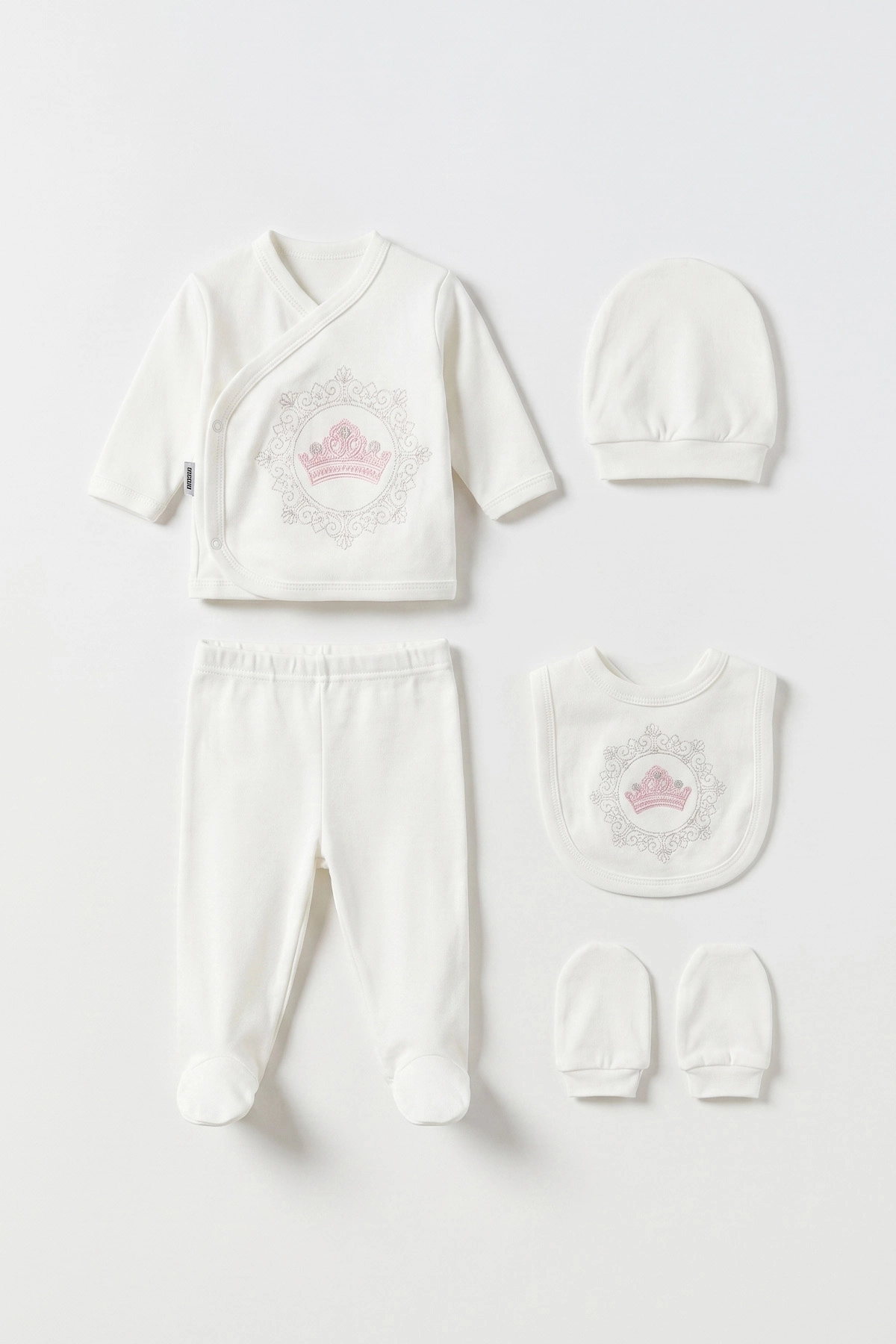Pembe (0-3 Ay) Taç Model Taşlı Yeni Doğan 5'li Bebek Zıbın Seti 475356