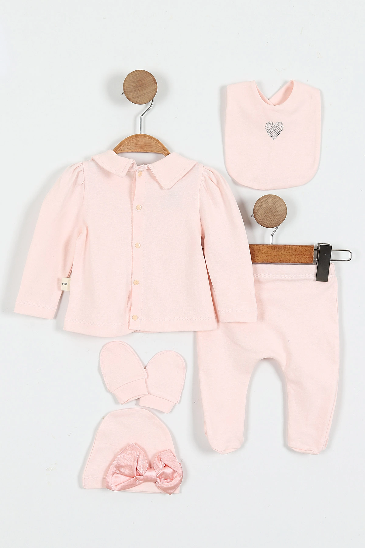 Pembe (0-3 Ay) Taş Detaylı  Kız Bebek 5'li Zıbın Seti 429693