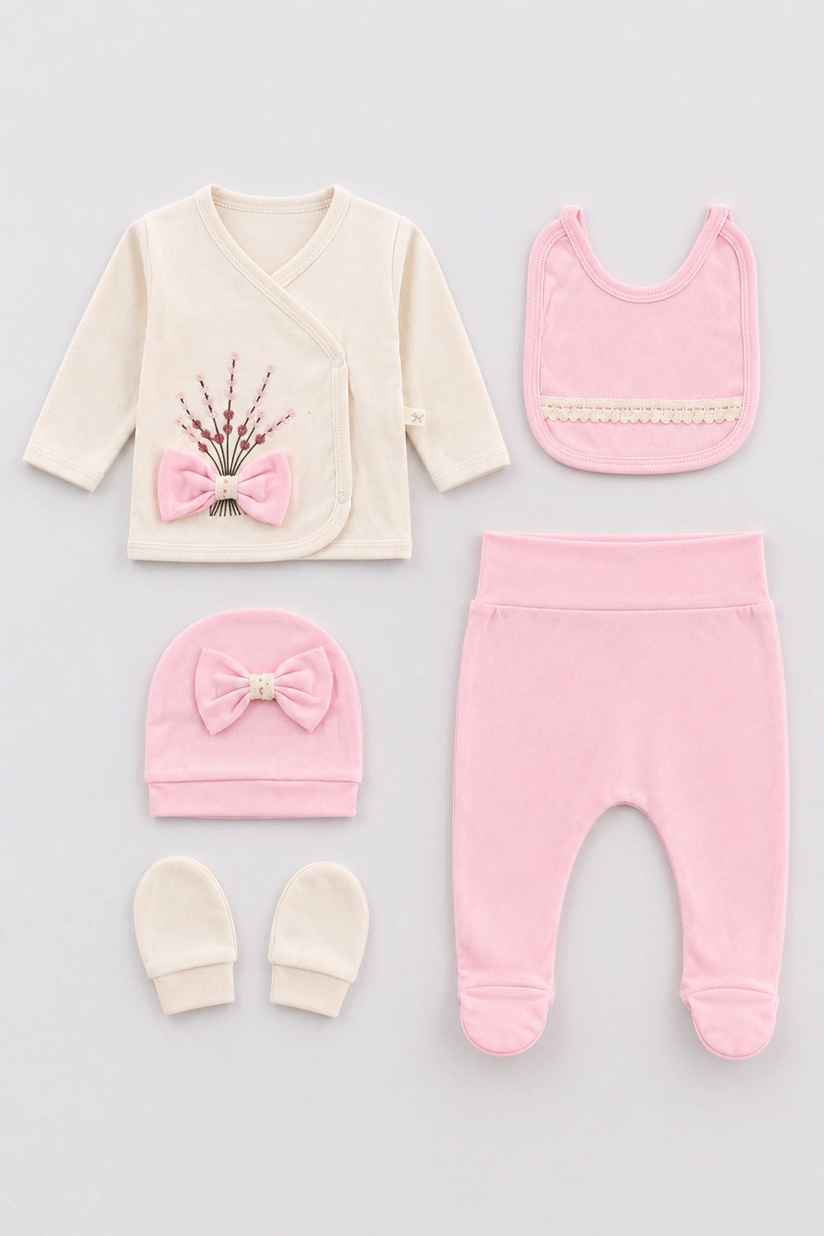 Pembe (0-3 Ay)Buğday Nakışlı Fiyonklu Yandan Çıtlı Yenidoğan 5'li Kız Bebek Zıbın Seti 479267
