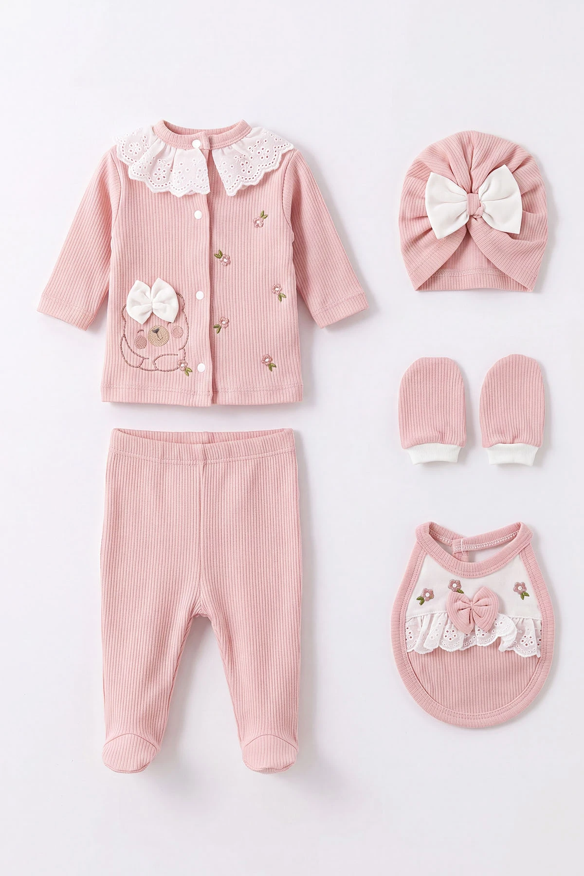 Pembe (0-3 Ay)Çiçek Nakışlı Fiyonklu  Kutulu  Yeni Doğan 5'li Kız Bebek Zıbın Seti 475346
