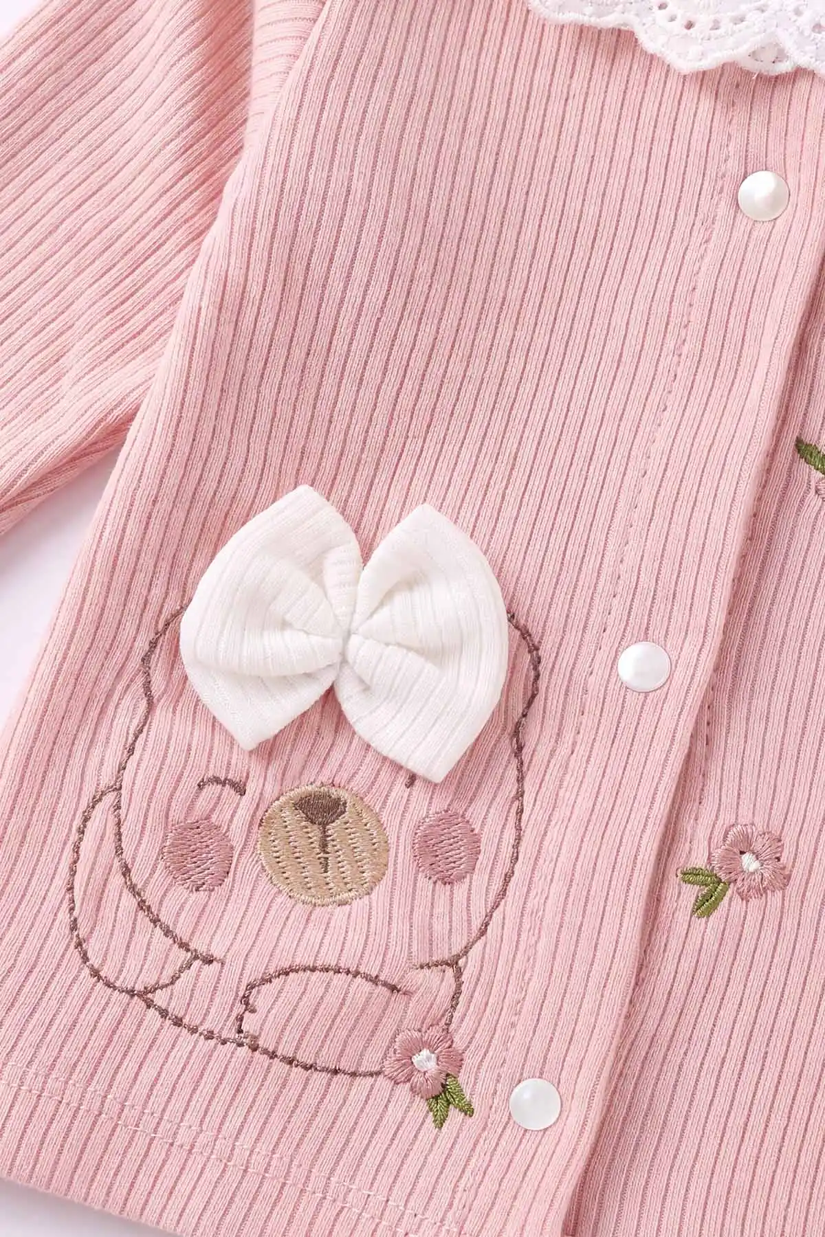 Pembe (0-3 Ay)Çiçek Nakışlı Fiyonklu  Kutulu  Yeni Doğan 5'li Kız Bebek Zıbın Seti 475346