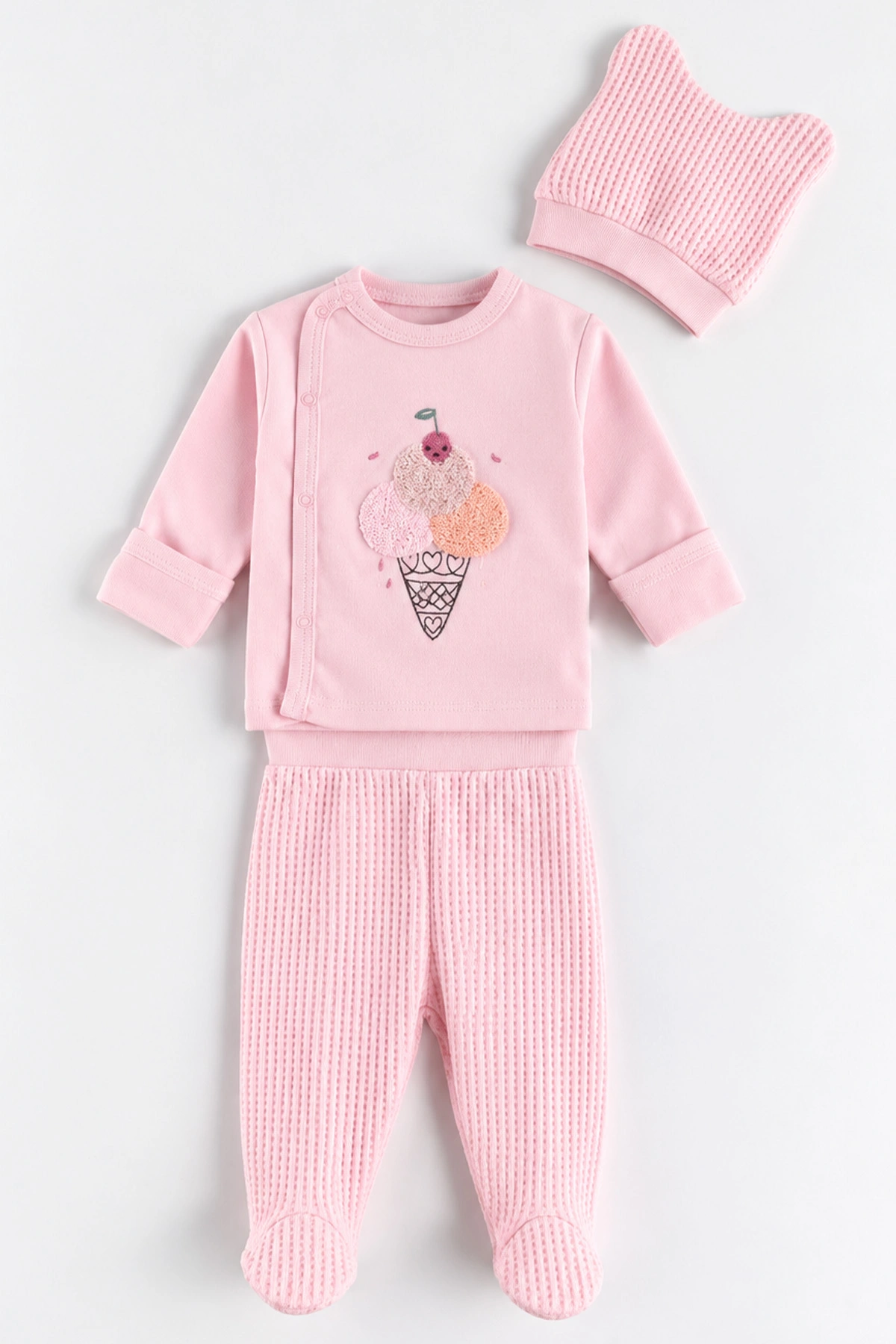Pembe (0-3 Ay)Dondurma Nakışlı Patikli 3'lü Kız Bebek Takım 477285