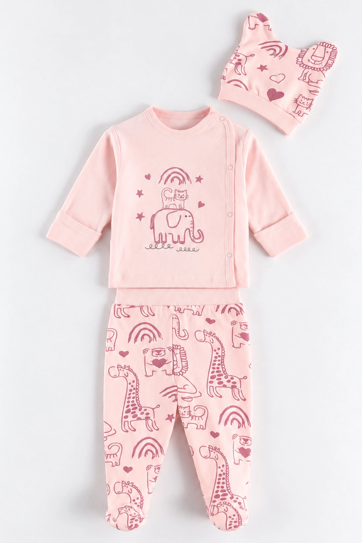 Pembe (0-3 Ay)Fil Nakışlı Patikli 3'lü Bebek Takım 477230
