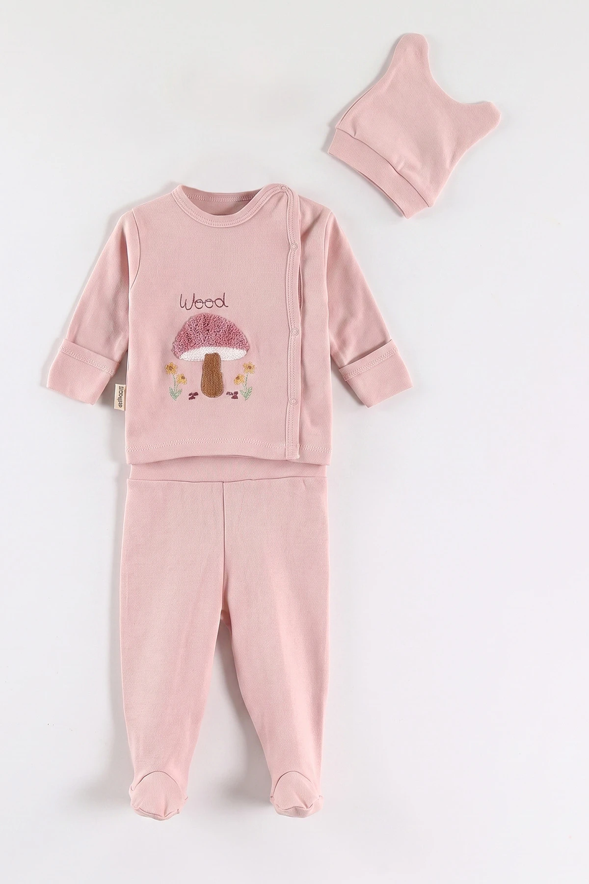 Pembe (0-3 Ay)Süzene Mantar Nakışlı Patikli Kız Bebek 3'lü Zıbın Takım 477164
