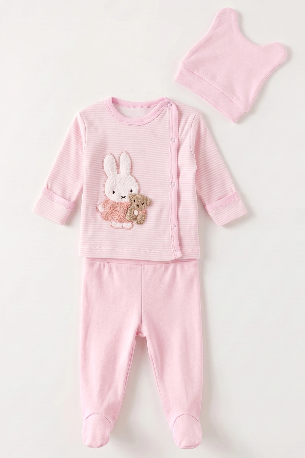 Pembe (0-3 Ay)Süzene Tavşan Nakışlı Çizgili Şapkalı Kız Bebek 3'lü Zıbın Takım 478018