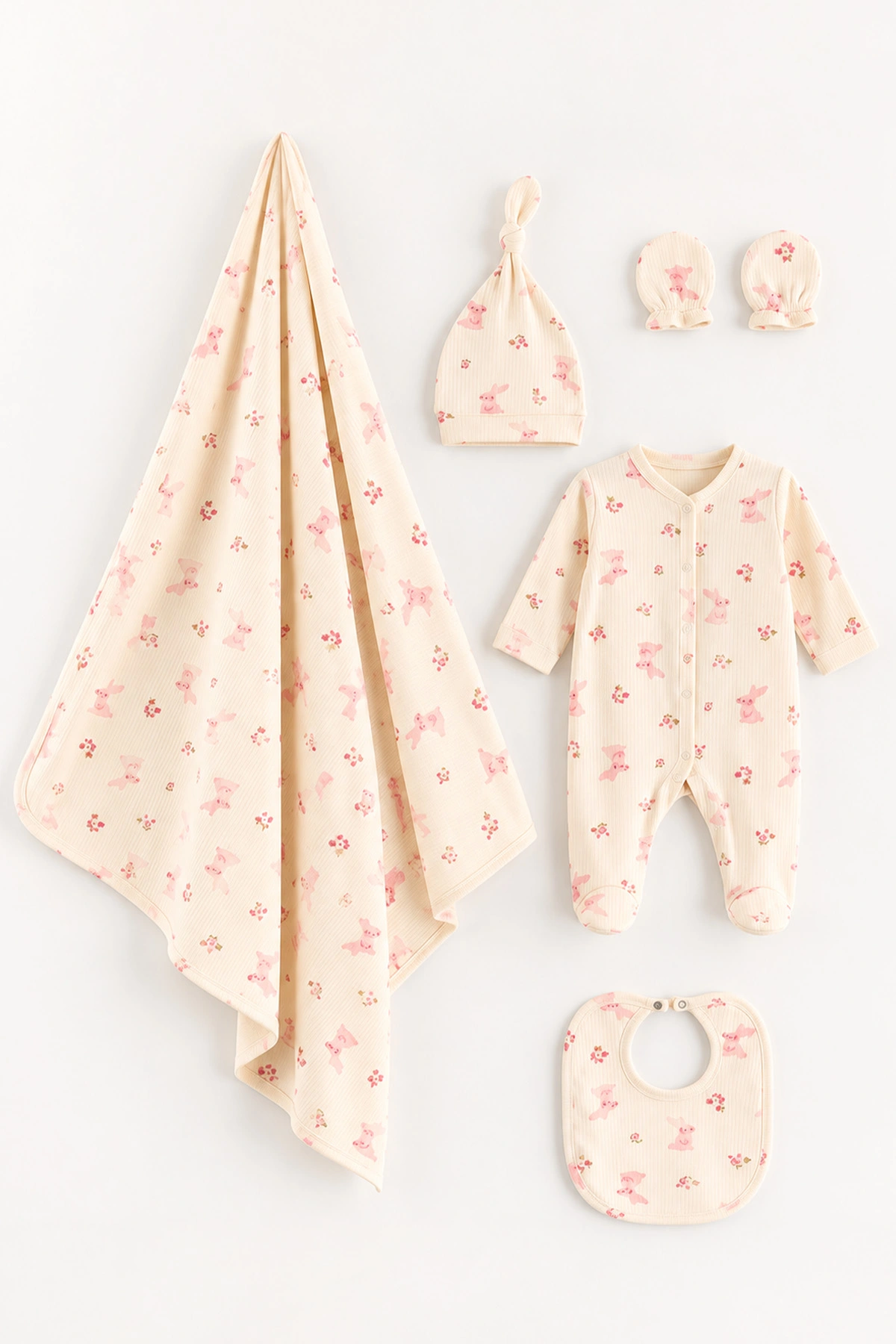 Pembe (0-3 Ay)Tavşan Baskılı Raporlu Battaniyeli Kız Bebek 5'li Set 487200