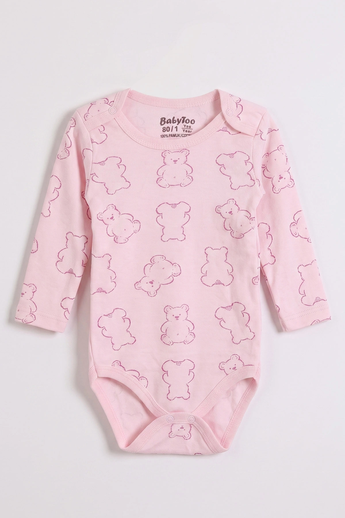 Pembe (0-3 Yaş) Ayı Desenli Uzun Kol Bebek &Çocuk Çıtçıtlı Badi 482383
