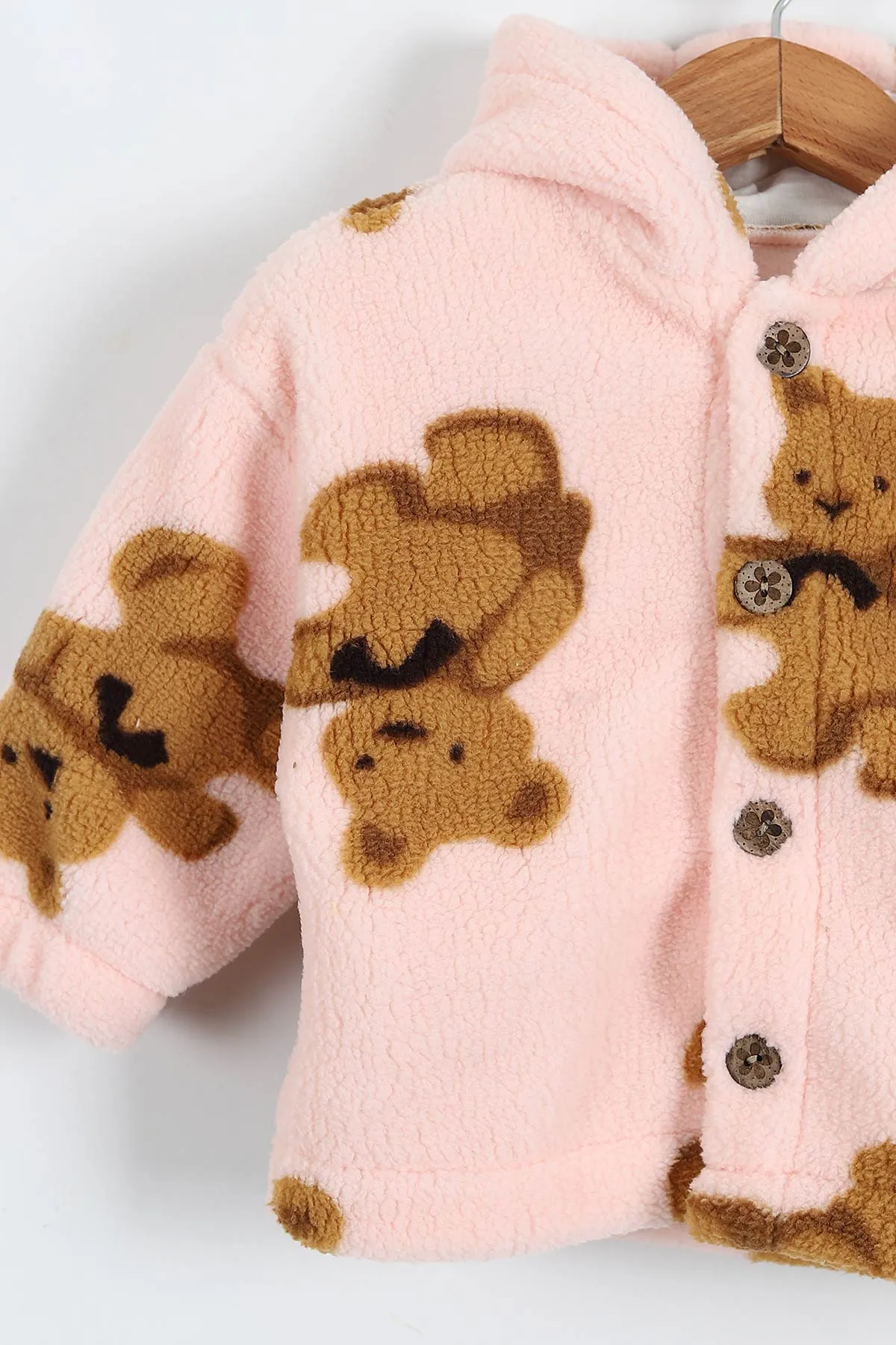 Pembe (0-3 Yaş) Ayıcık Baskılı Kapüşonlu Welsoft Polar Bebek-Çocuk Mont 389412