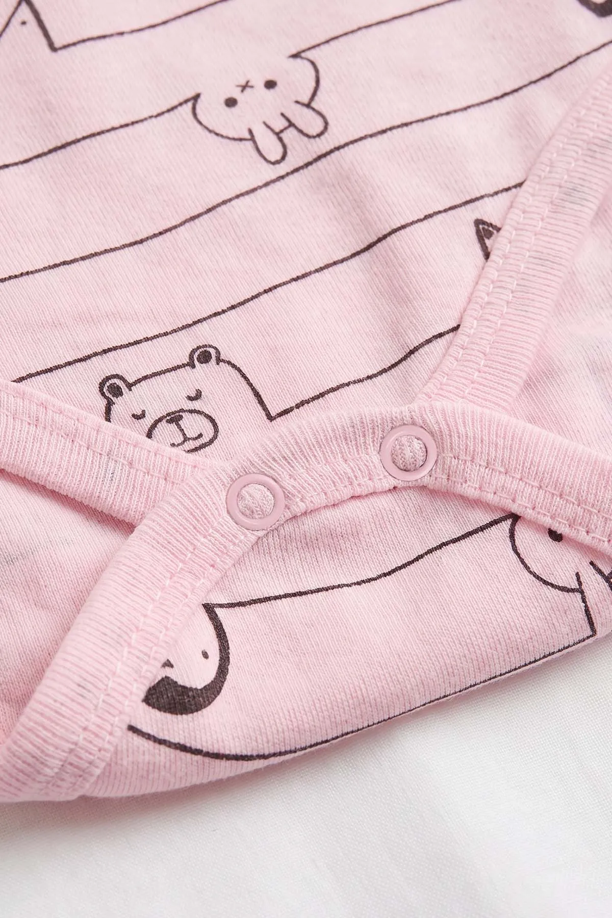 Pembe (0-3 Yaş) Çizgili Hayvan Desenli Uzun Kol Bebek &Çocuk Çıtçıtlı Badi 482405