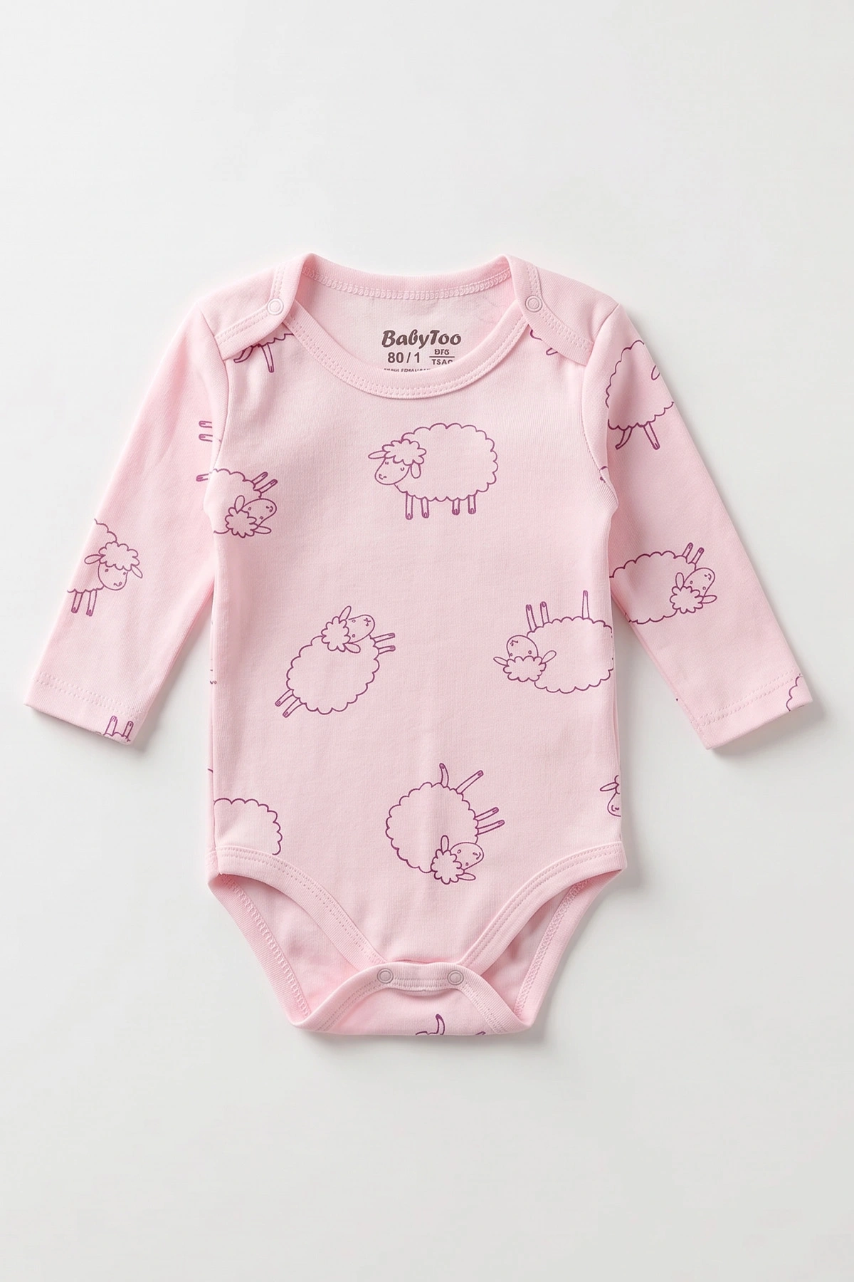 Pembe (0-3 Yaş)  Kuzu Baskılı Uzun Kol Bebek &Çocuk Çıtçıtlı Badi 490811