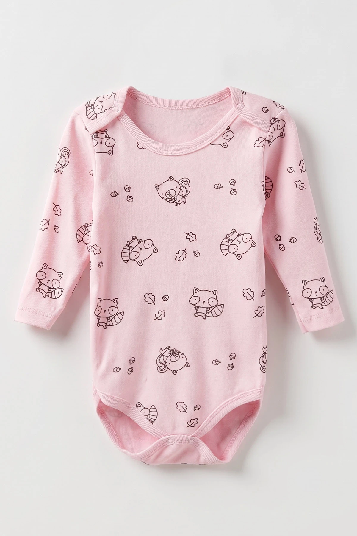 Pembe (0-3 Yaş) Rakun Desenli Uzun Kol Penye Bebek &Çocuk Çıtçıtlı Badi 488225