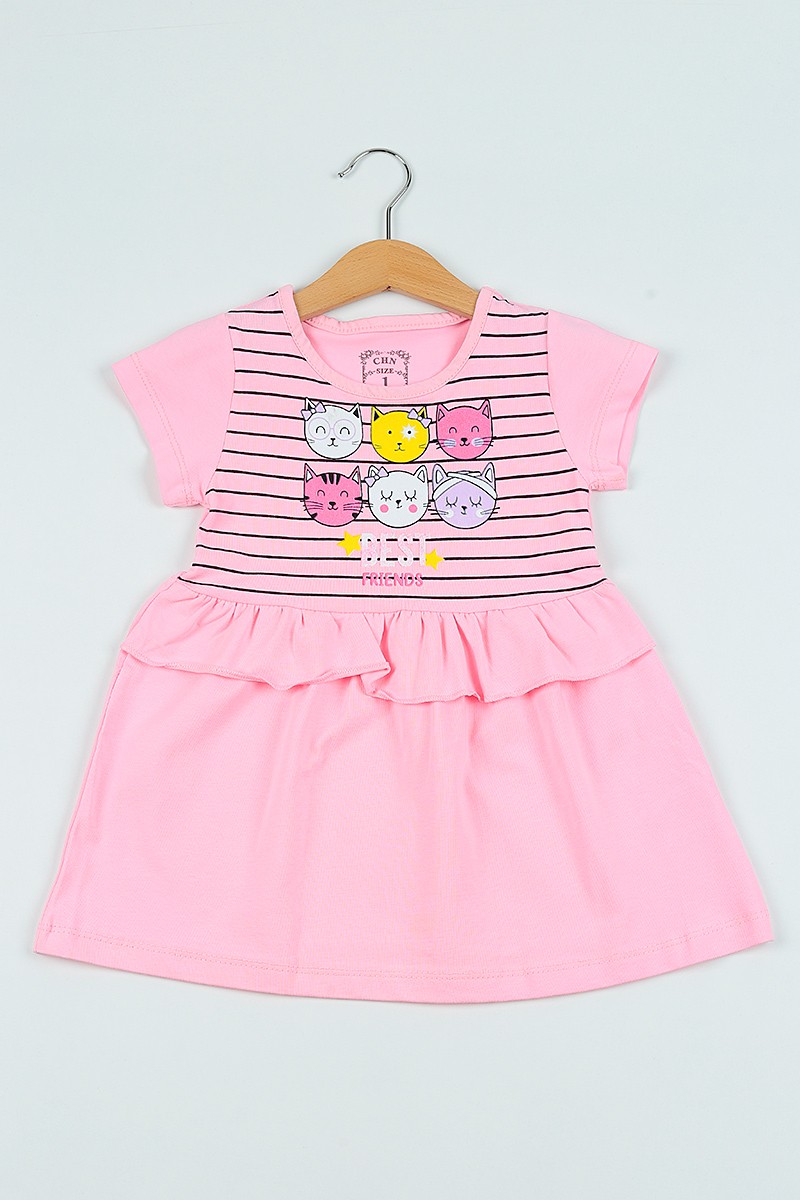 Pembe (1-4 Yaş) Baskılı Çizgili Kız Çocuk Elbise 101982