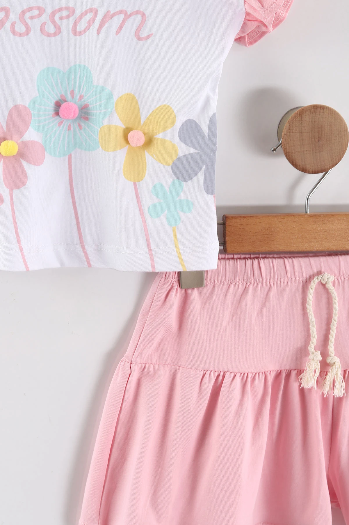 Pembe (0-4 Yaş ) Çiçek Baskılı Koldan Fırfırlı Şortlu Süprem Kız Çocuk Yazlık Takım 457628
