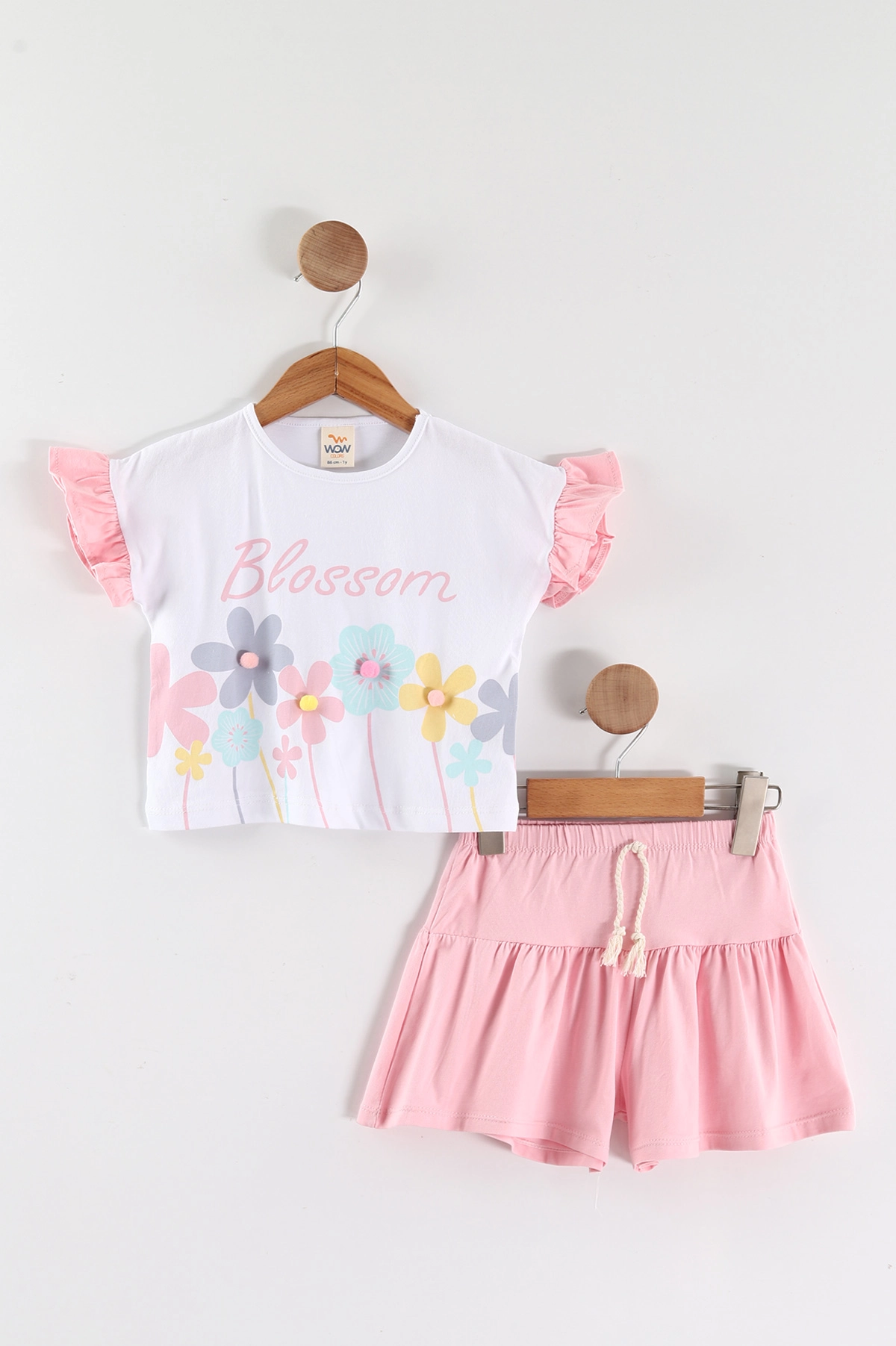 Pembe (0-4 Yaş ) Çiçek Baskılı Koldan Fırfırlı Şortlu Süprem Kız Çocuk Yazlık Takım 457628