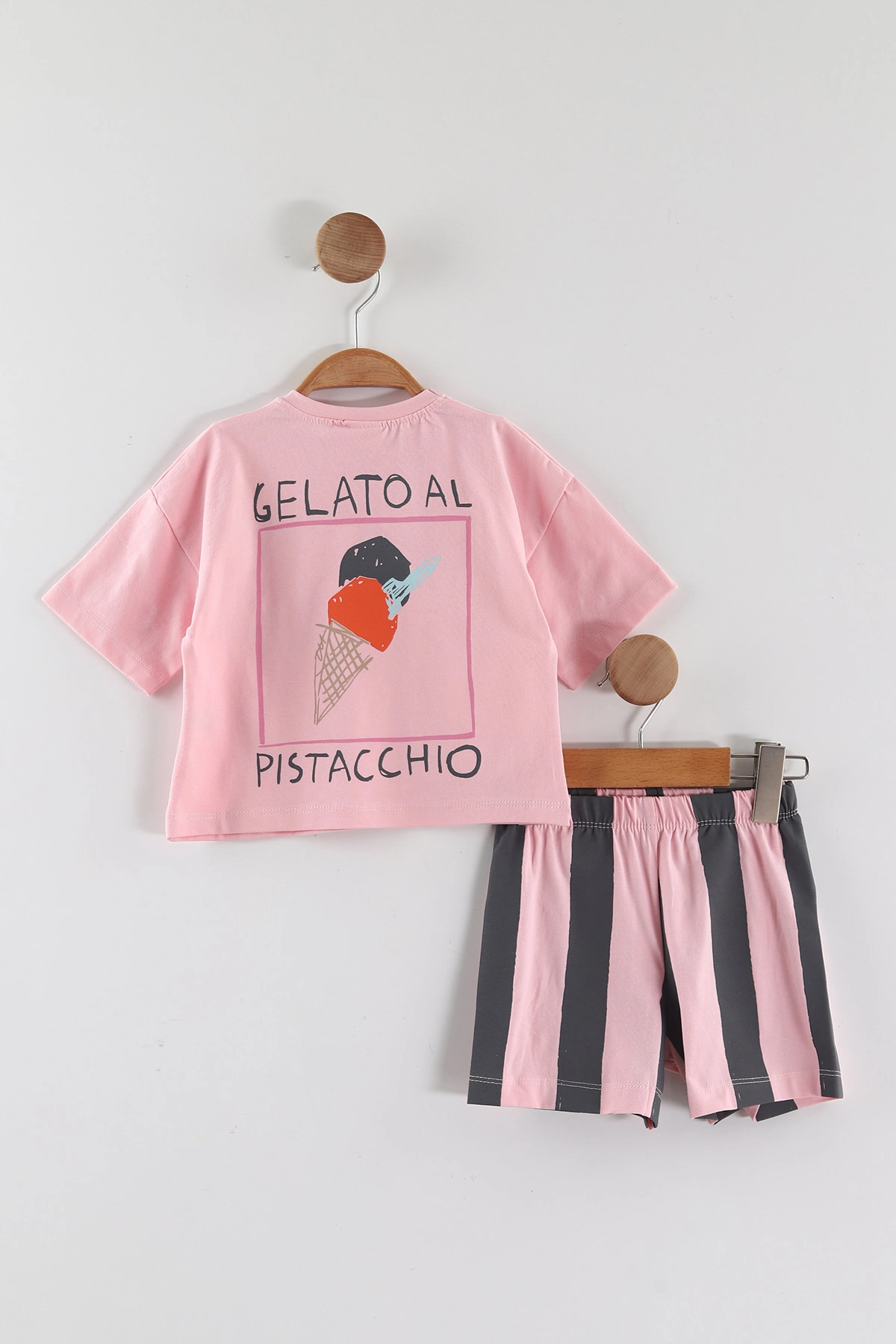 Pembe (0-4 Yaş) Taşlı Dondurma Baskılı Çizgili Şortlu Kız Çocuk Yazlık Takım 459699