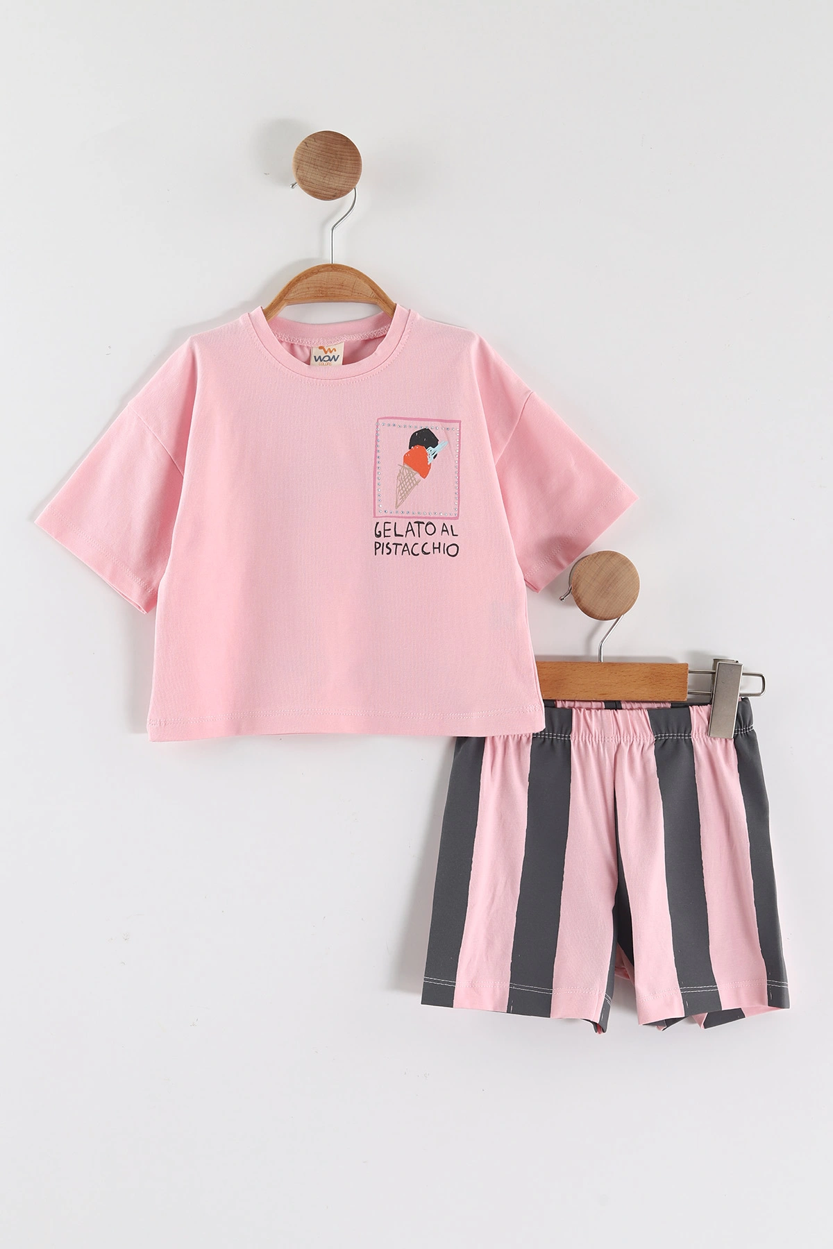 Pembe (0-4 Yaş) Taşlı Dondurma Baskılı Çizgili Şortlu Kız Çocuk Yazlık Takım 459699