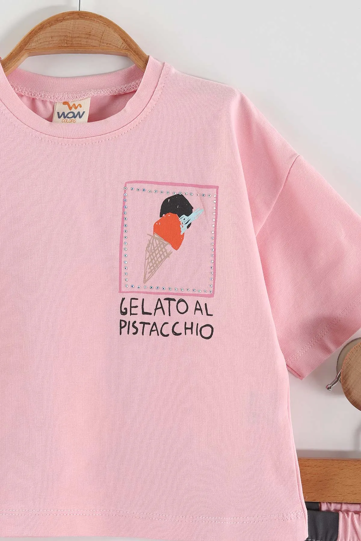 Pembe (0-4 Yaş) Taşlı Dondurma Baskılı Çizgili Şortlu Kız Çocuk Yazlık Takım 459699