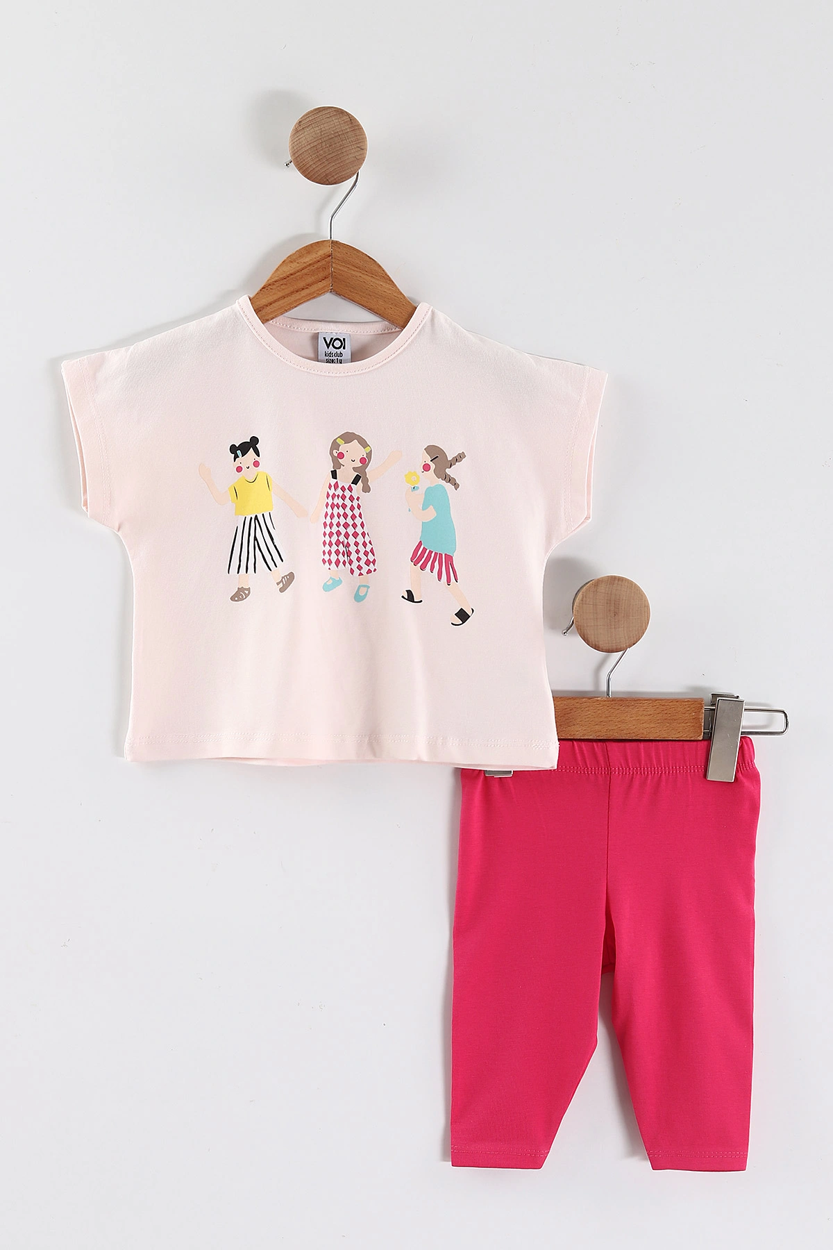 Pembe (0-4 Yaş)3 Arkadaş Baskılı Tişörtlü Taytlı Kız Çocuk Yazlık Takım 456233
